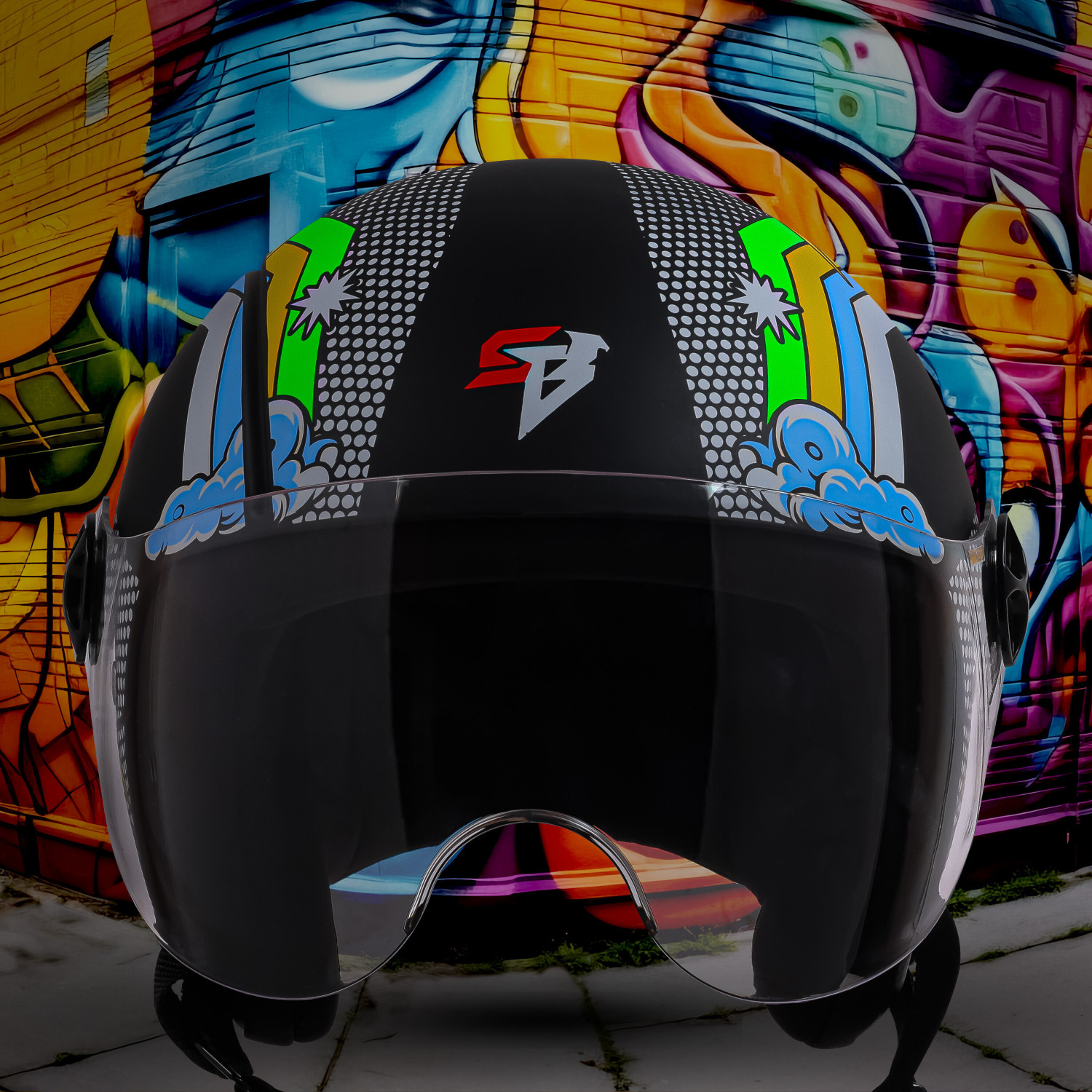 Image of Steelbird SBH-16 Wroom ISI Certified Open Face Graphic Helmet for Women and Kids Motorbike Helmet