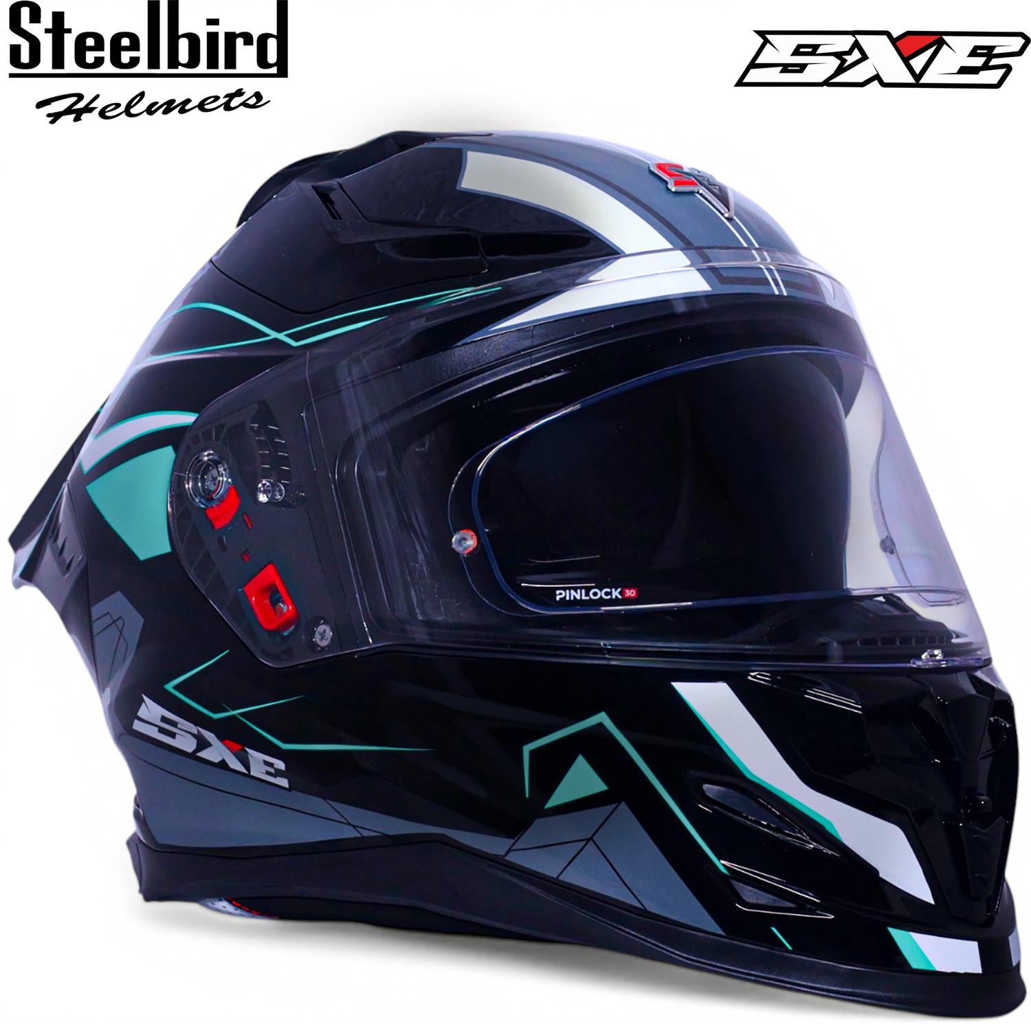 Image of Steelbird Air SBH-61 ISS SXE RACE-X Glossy Black Cyan Green Full Face AFS EDITION With ANTIFOG Motorsports Helmet