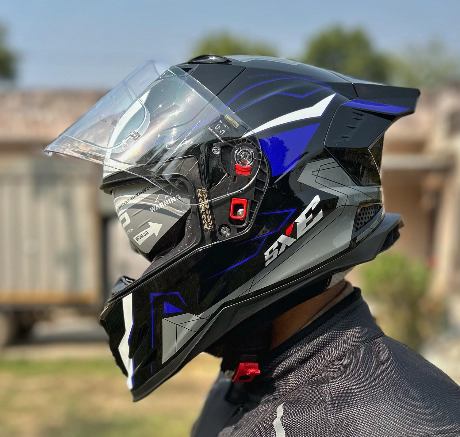 Image of Steelbird Air SBH-61 ISS SXE RACE-X Glossy Black Blue Full Face AFS EDITION With ANTIFOG 580MM Motorsports Helmet