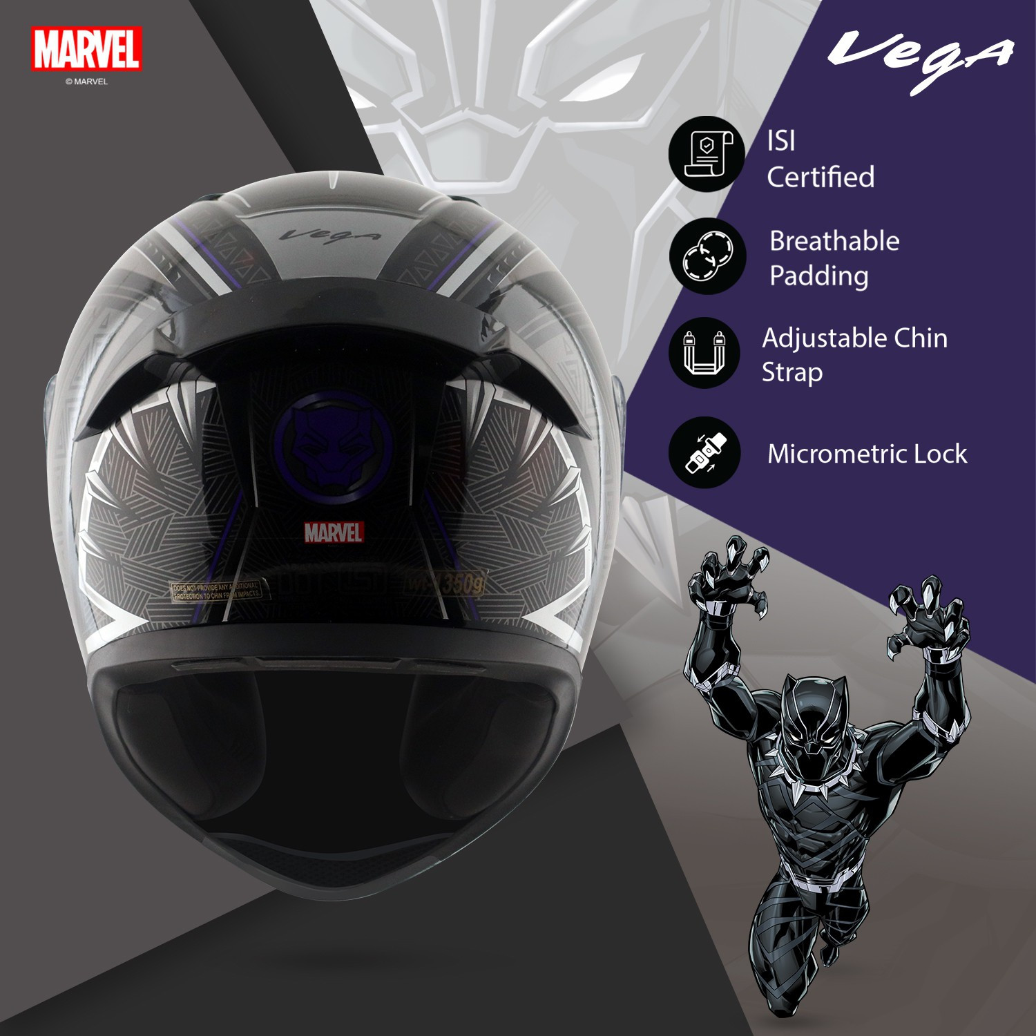 Image of VEGA Bolt Marvel Black Panther Edition Motorbike Helmet