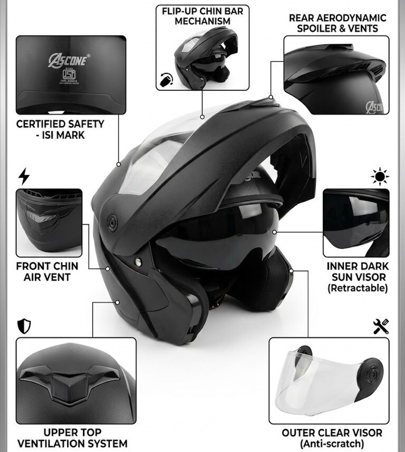 Image of ASCONE Flip Up Helmet for Men ISI Certified Anti-Scratch, UV Resistant Motorbike Motorbike Helmet