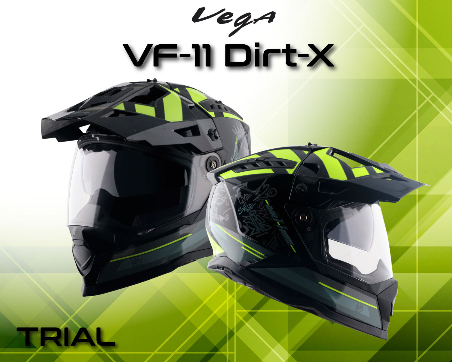 Image of VEGA VF-11 Dirt-X Trial Helmet-Black Neon Yellow-M Motorbike Helmet