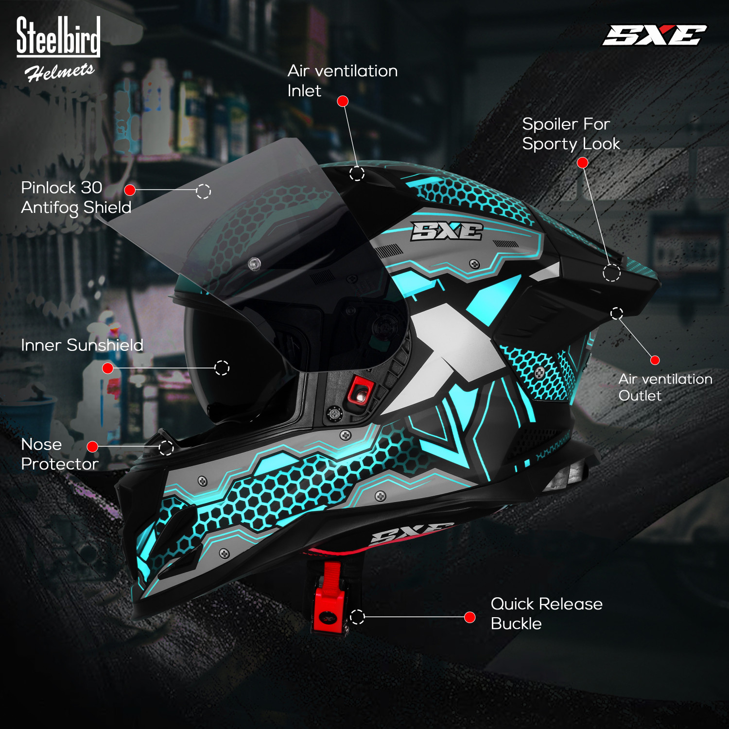 Image of Steelbird SBH 61 SXE X3 ISI and Dot Certified Full Face Graphic Motorbike Helmet