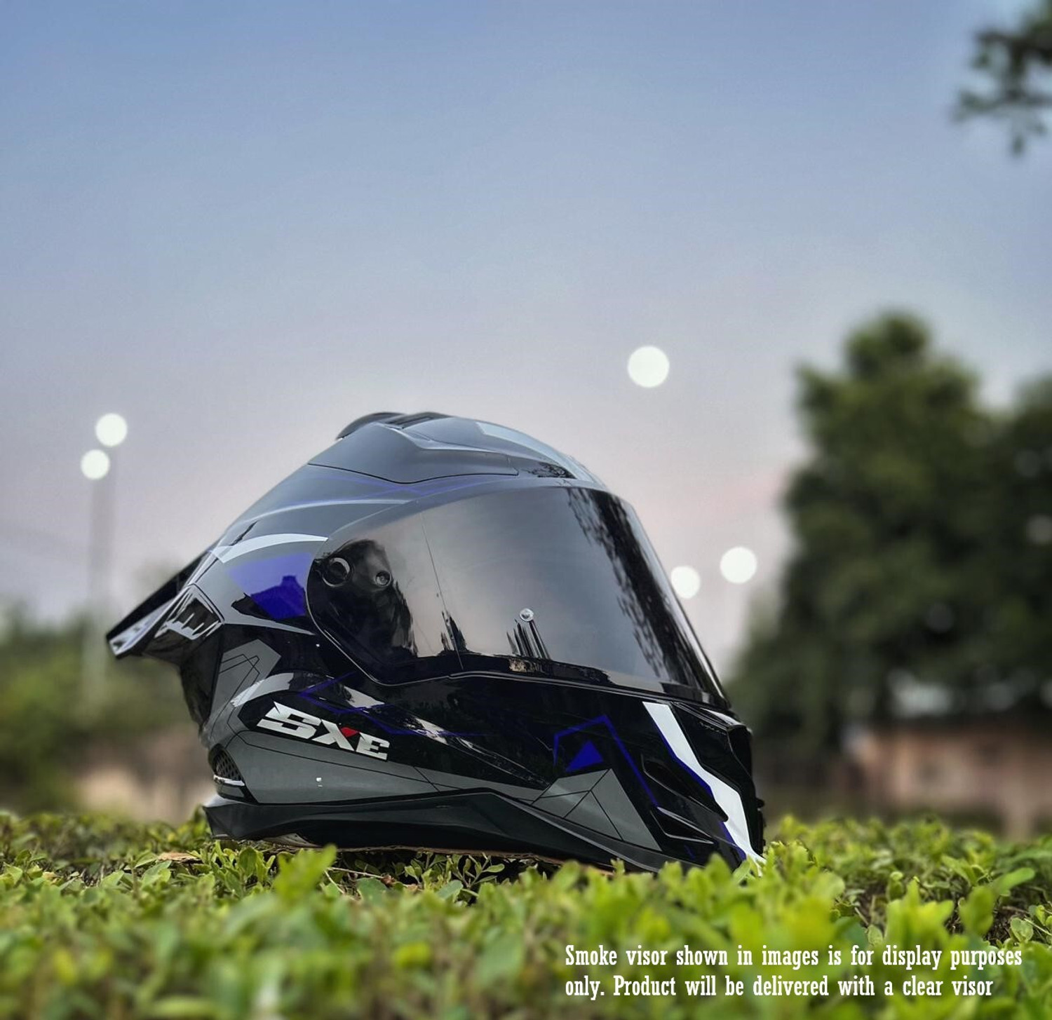 Image of Steelbird Air SBH-61 ISS SXE RACE-X Glossy Black Blue Full Face AFS EDITION With ANTIFOG 580MM Motorsports Helmet