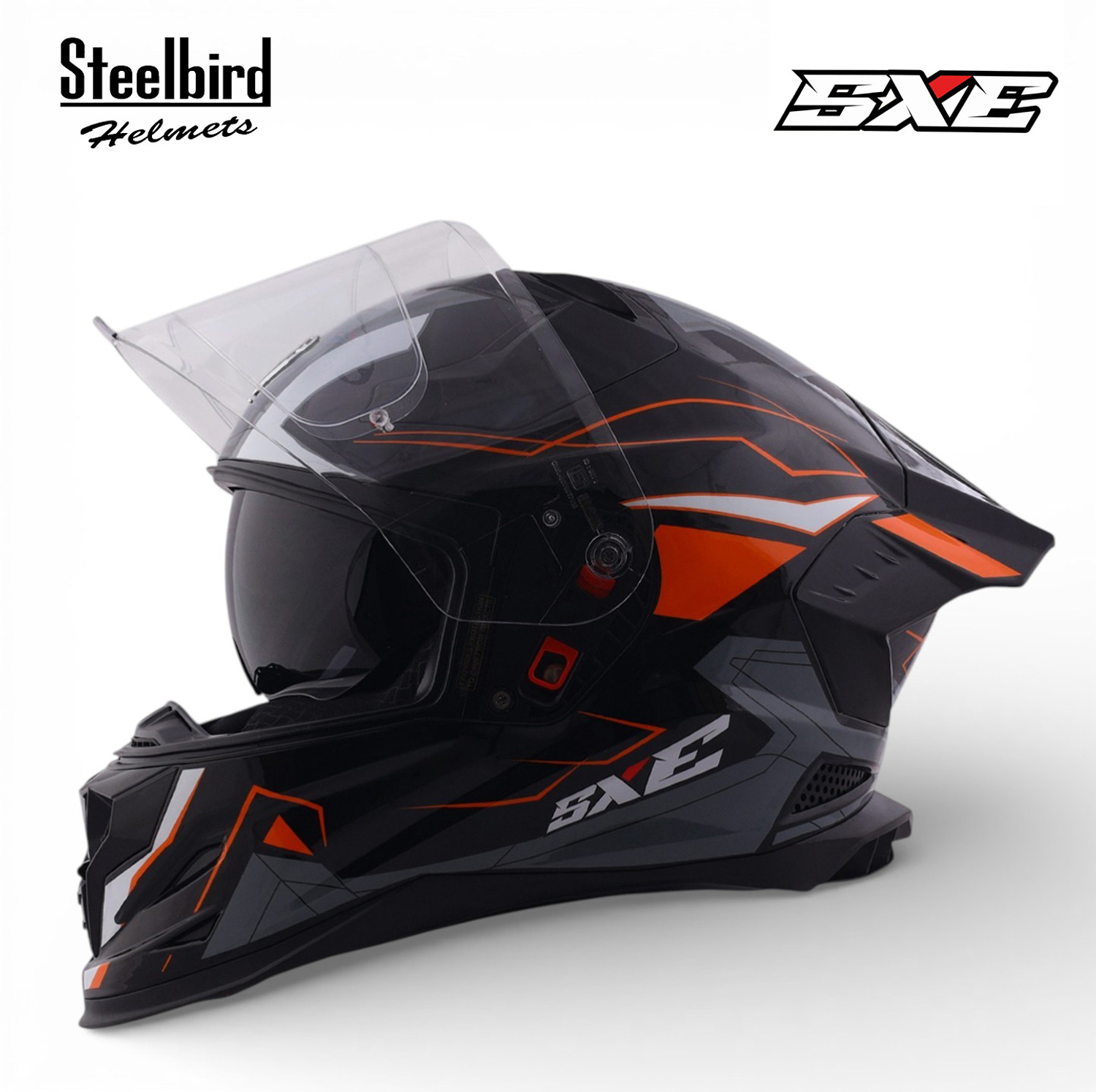 Image of Steelbird Air SBH-61 ISS SXE RACE-X Glossy Black Orange Full Face AFS EDITION With ANTIFOG Motorsports Helmet