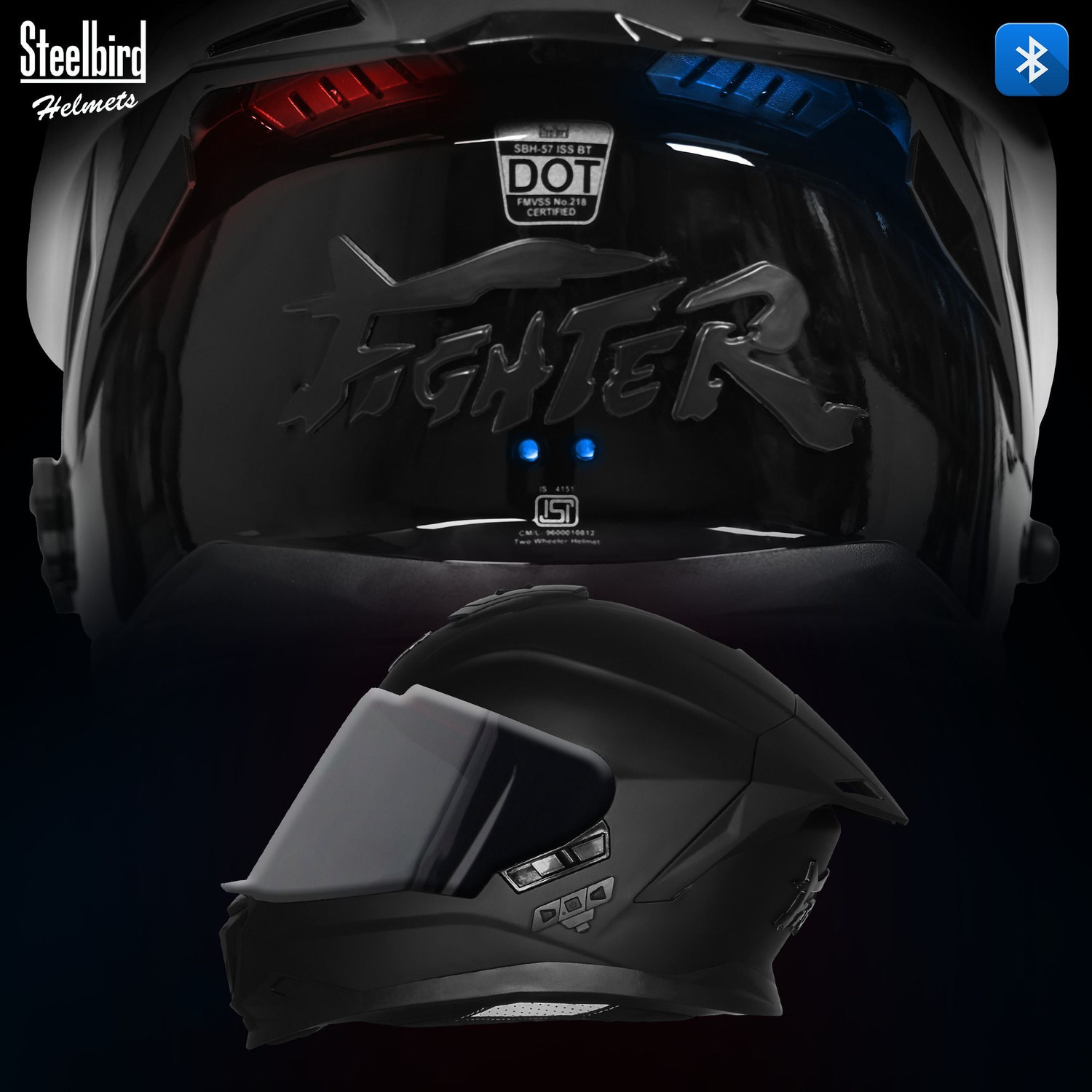 Image of Steelbird SBH-57 Fighter Bass X Bluetooth Helmet, ISI and DOT Certified Full Face Motorbike Helmet
