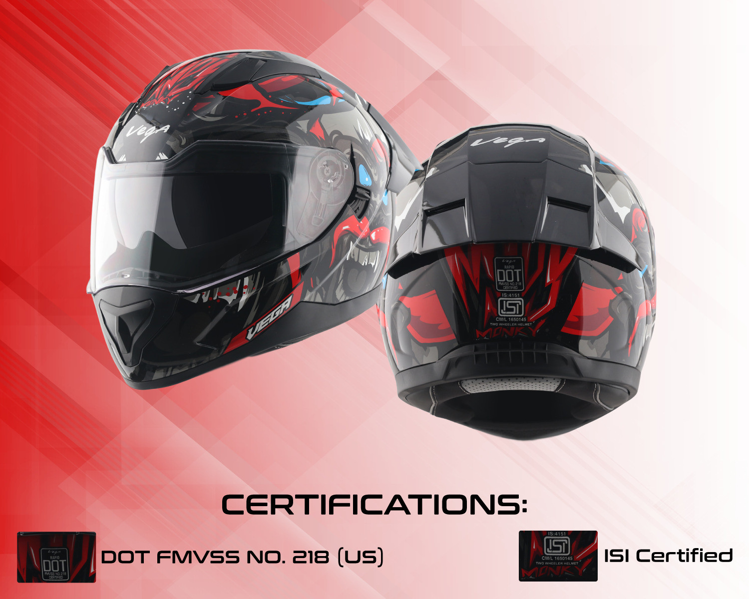 Image of VEGA Rapid Mandy Monkey DV with Spoiler and Extra Smoke Visor Motorbike Helmet