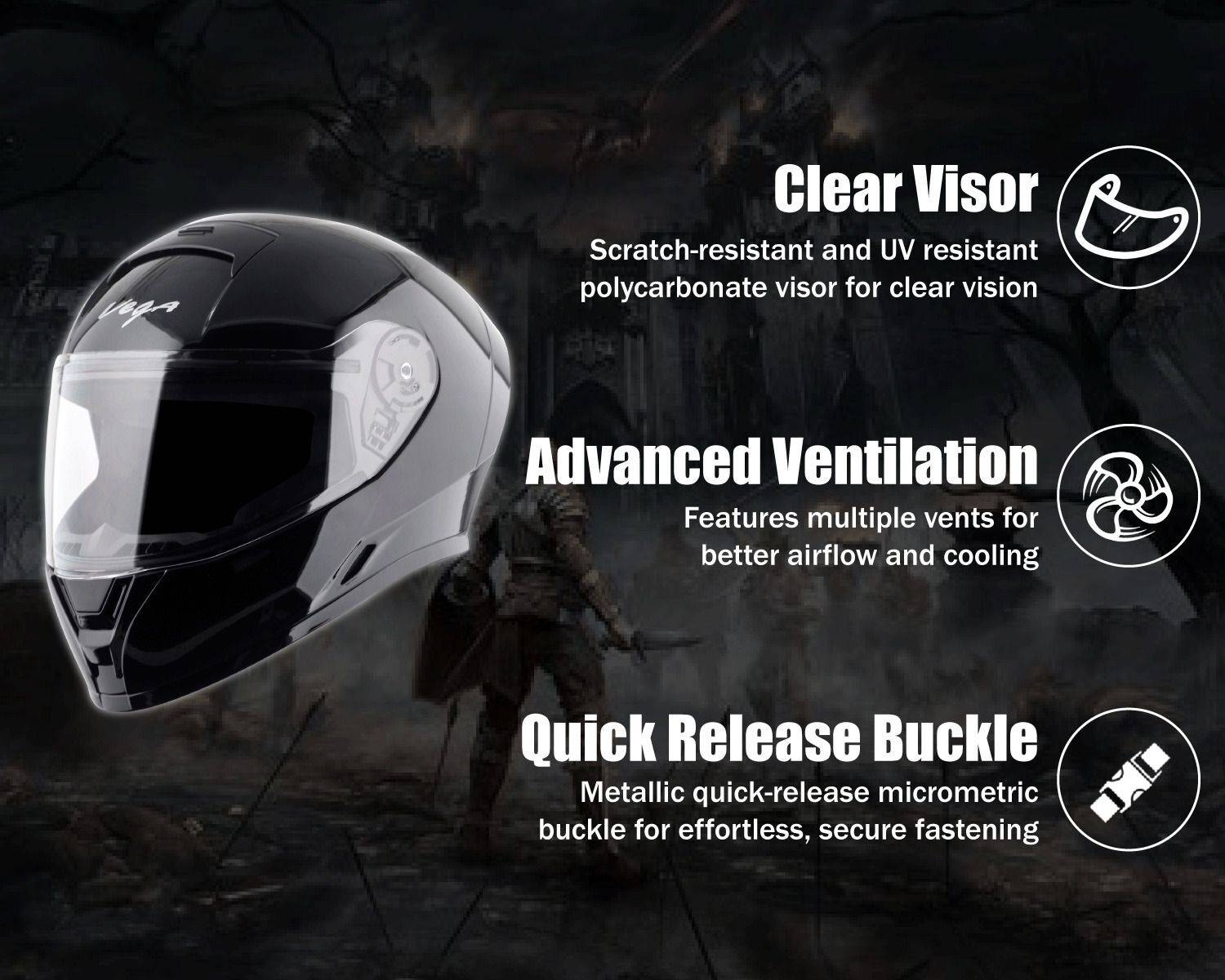 VEGA Ranger Solid Motorbike Helmet Black - Image 3