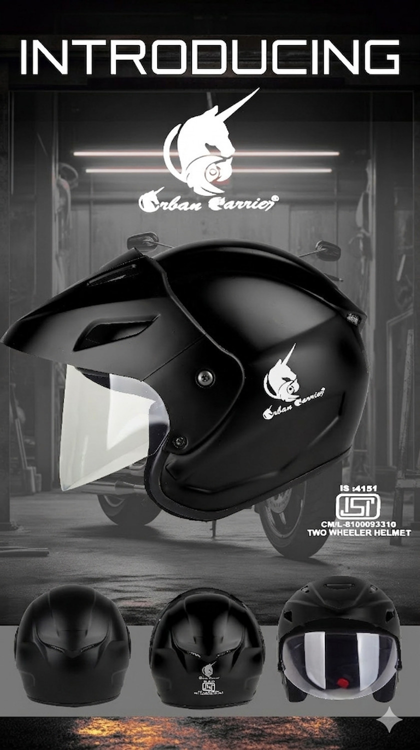 Image of urban carrier ISI Certified ABS Material Half Face Stylish Helmet with Clear Visor For Men Motorbike Helmet
