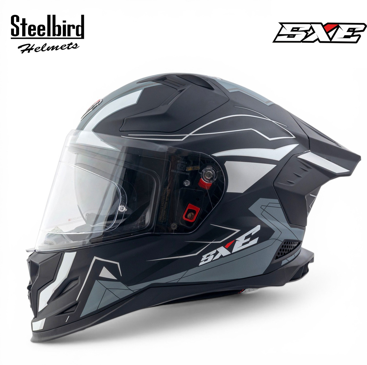 Image of Steelbird Air SBH-61 ISS SXE RACE-X Matt Black Silver Full Face AFS EDITION With ANTIFOG Motorsports Helmet