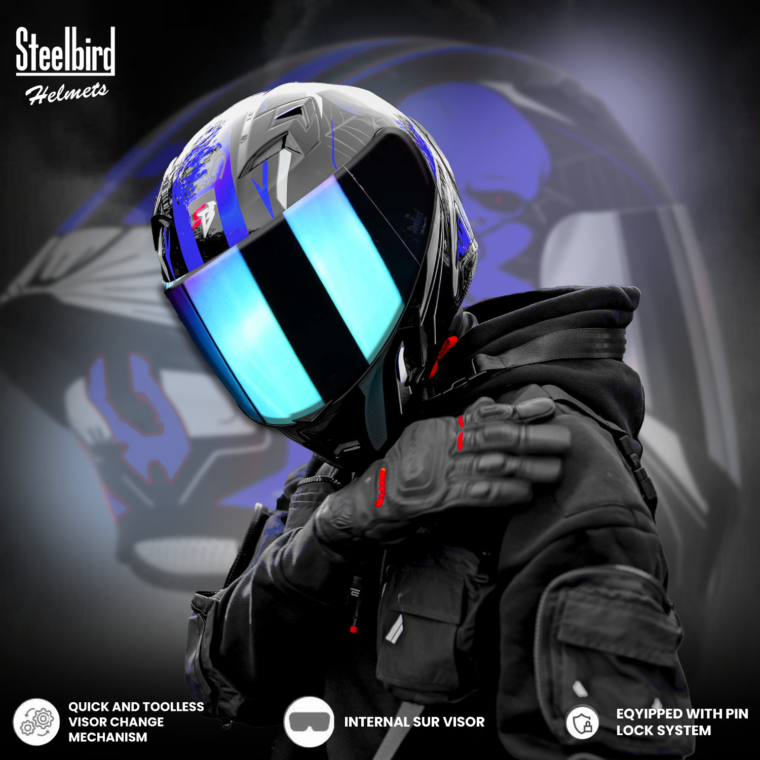 Image of Steelbird SBA-20 Strange ISI Certified Flip-Up Graphic Helmet for Men and Women Motorbike Helmet