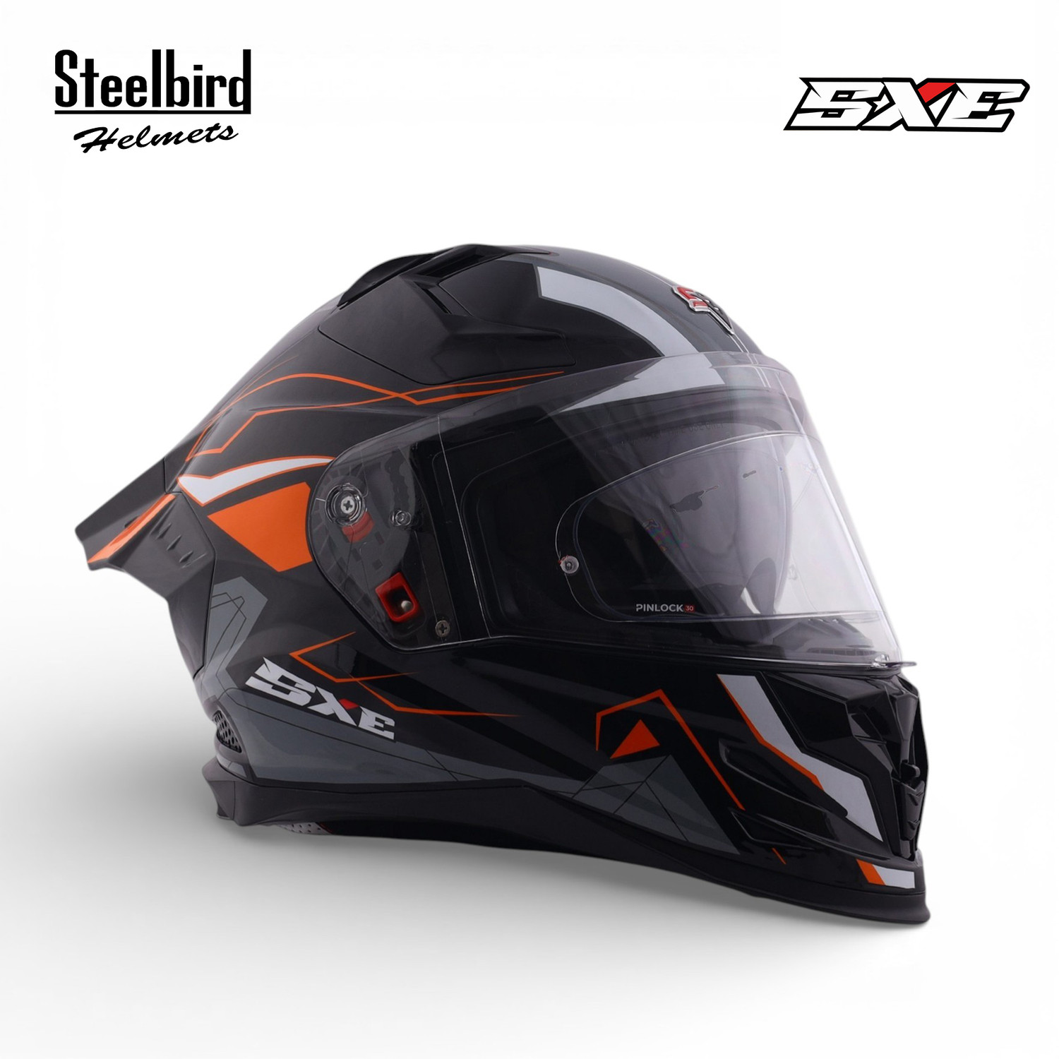 Image of Steelbird Air SBH-61 ISS SXE RACE-X Glossy Black Orange Full Face AFS EDITION With ANTIFOG Motorsports Helmet