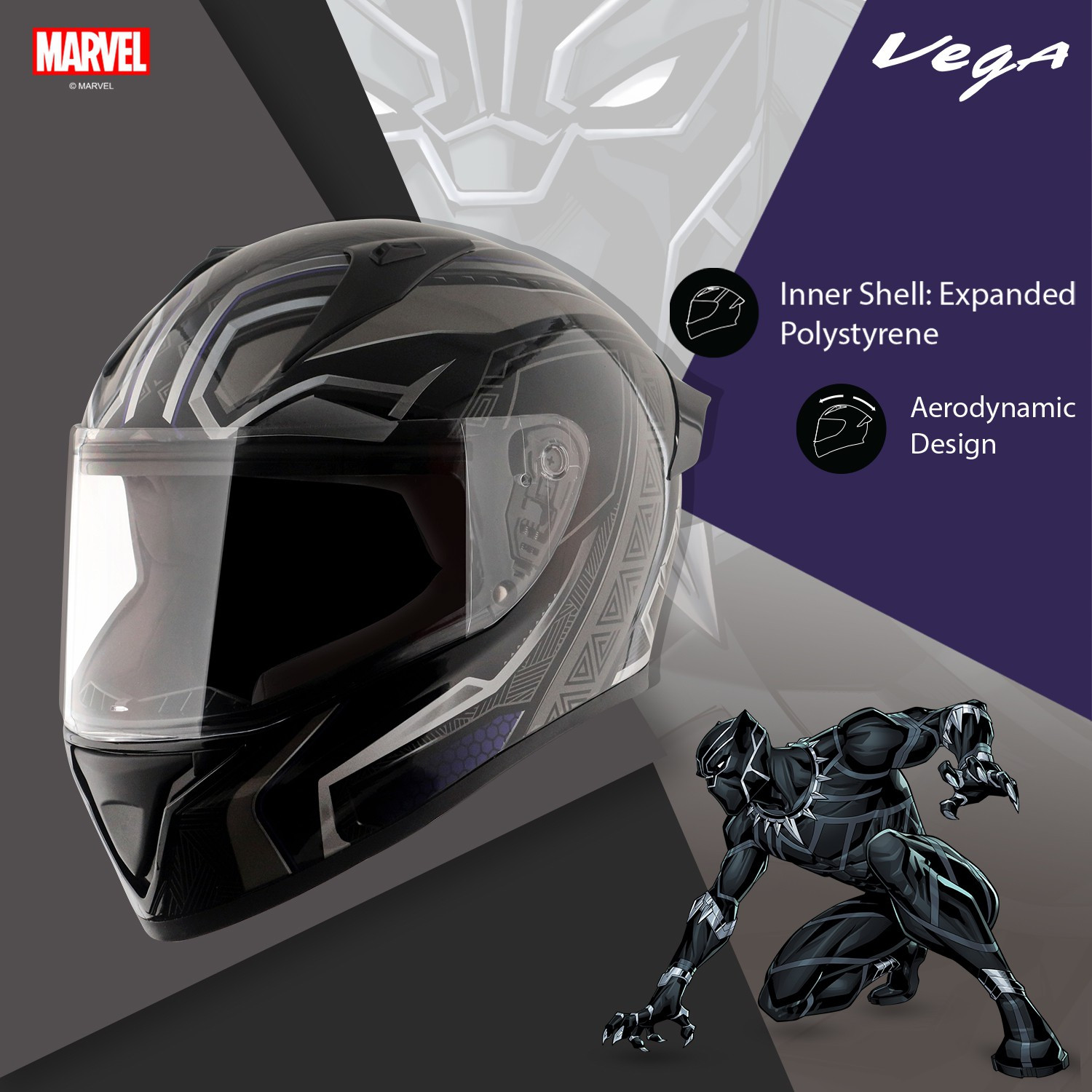 Image of VEGA Bolt Marvel Black Panther Edition Motorbike Helmet