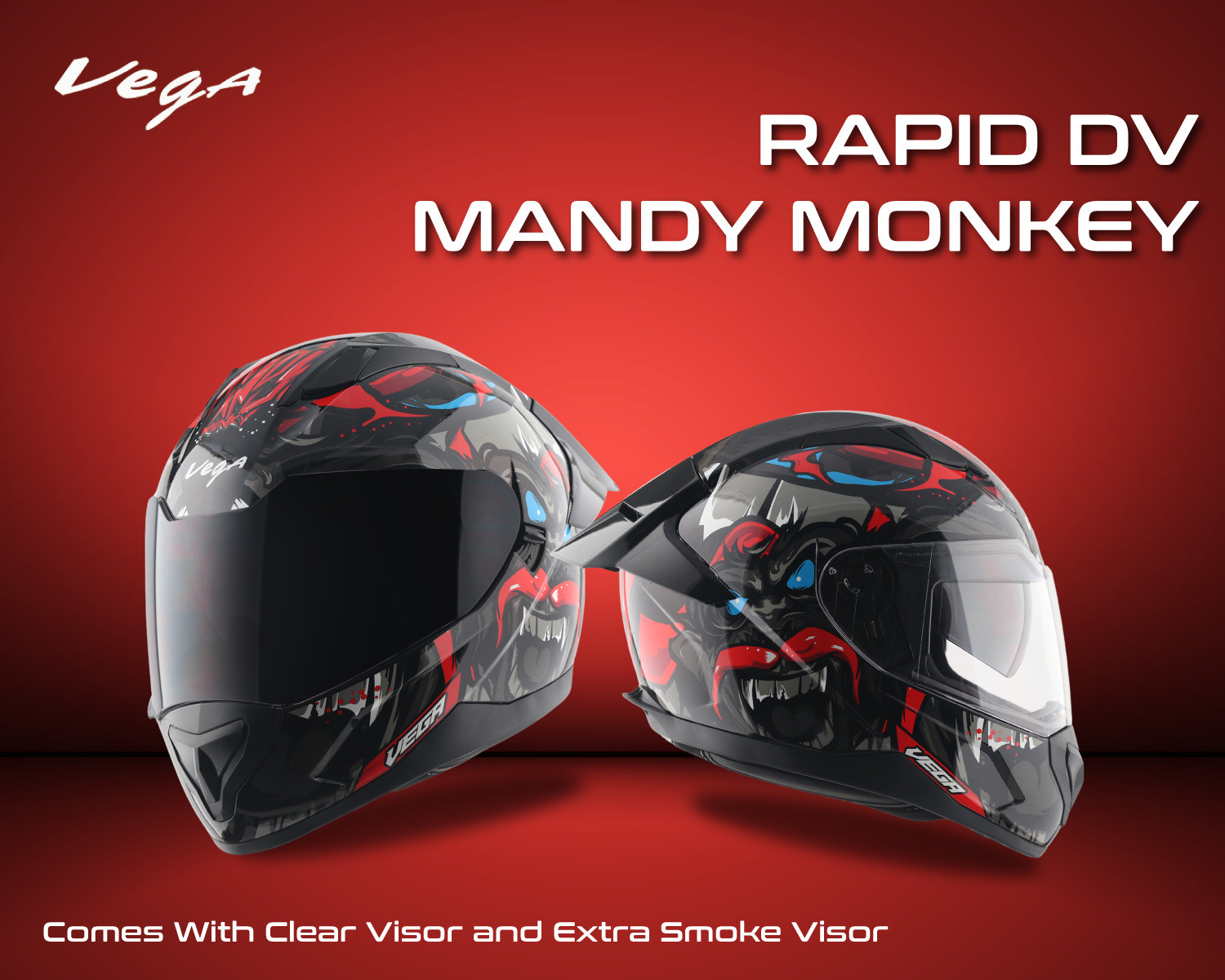 Image of VEGA Rapid Mandy Monkey DV with Spoiler and Extra Smoke Visor Motorbike Helmet