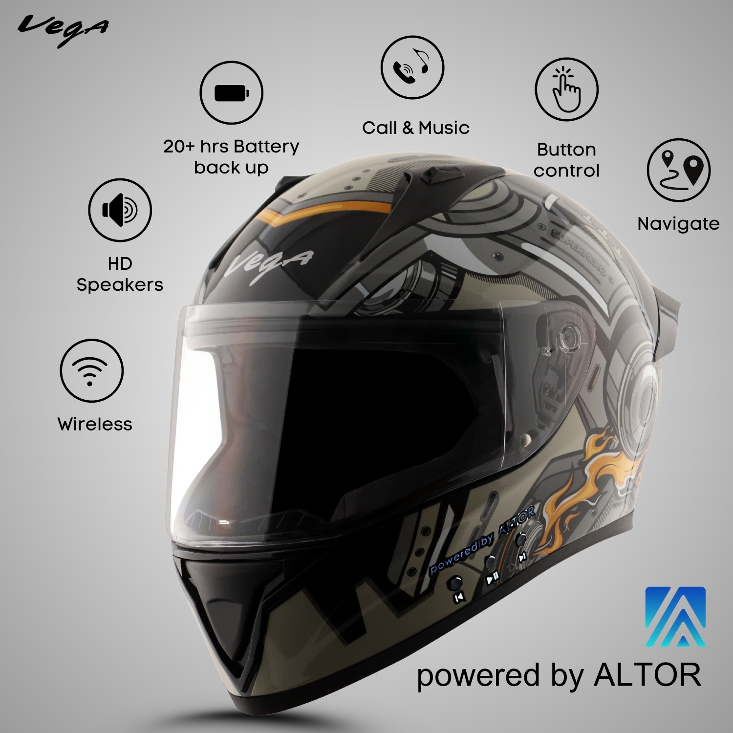 Image of VEGA Bolt Bluetooth Motorbike Helmet (Black Grey)