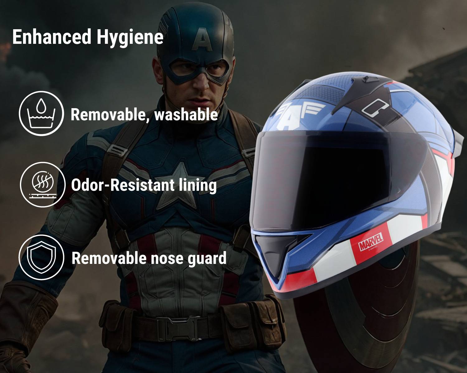 VEGA Bolt Marvel Captain America Motorbike Helmet Blue - Image 4
