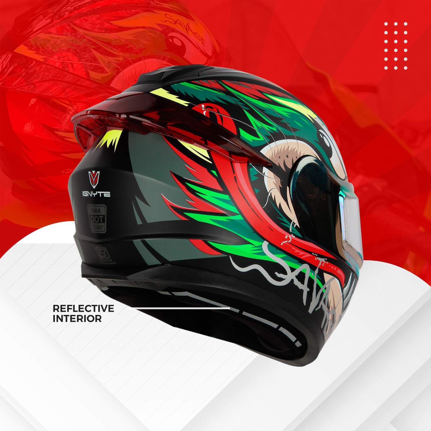 Image of IGNYTE IGN-8 Savage ISI /DOT Certified Full Face Graphic Helmet with Inner Sun Shield Motorbike Helmet