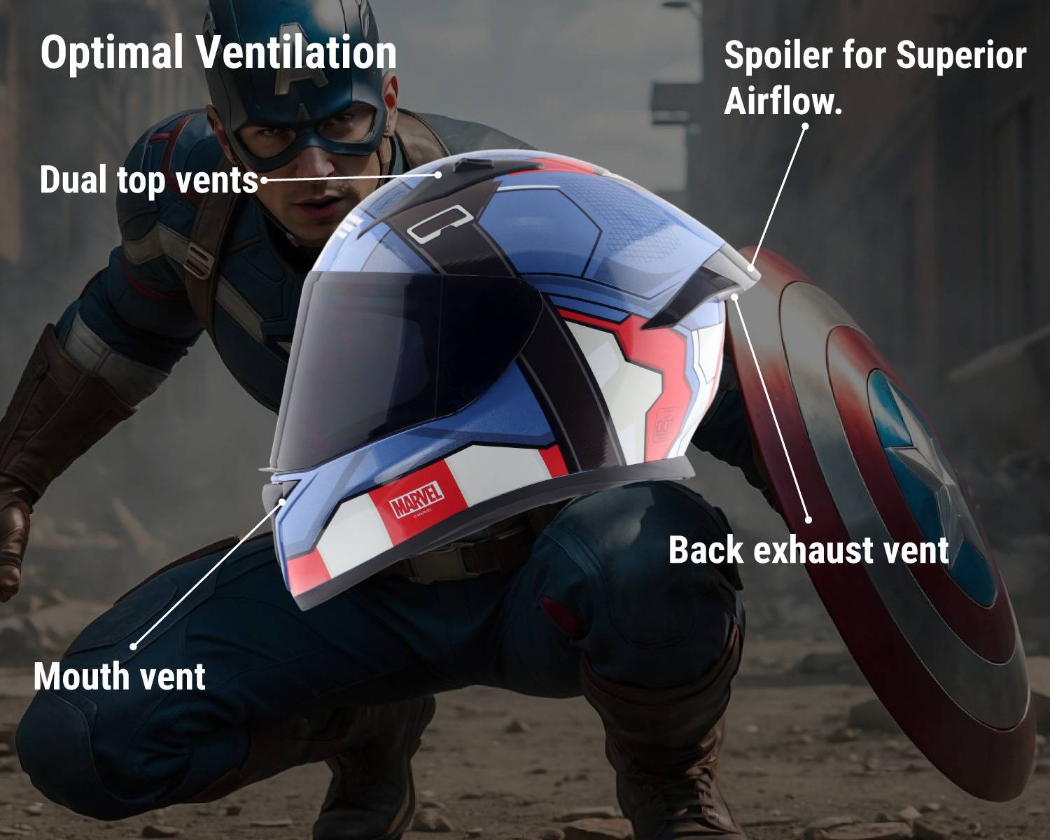 VEGA Bolt Marvel Captain America Motorbike Helmet Blue - Image 3