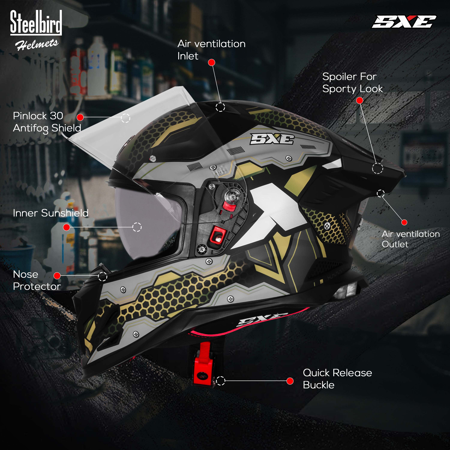 Image of Steelbird SBH 61 SXE X3 ISI and Dot Certified Full Face Graphic Motorbike Helmet