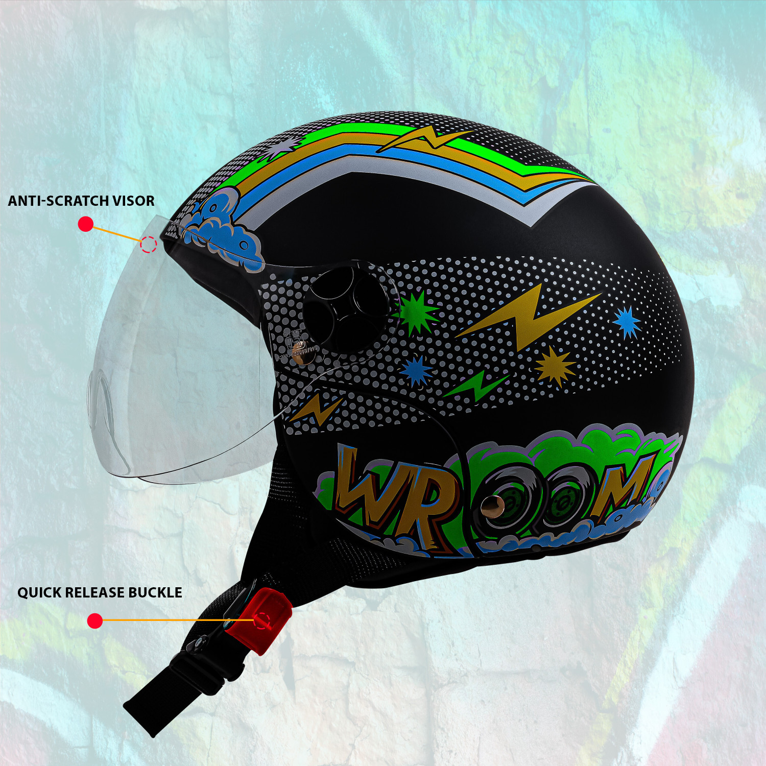 Image of Steelbird SBH-16 Wroom ISI Certified Open Face Graphic Helmet for Women and Kids Motorbike Helmet