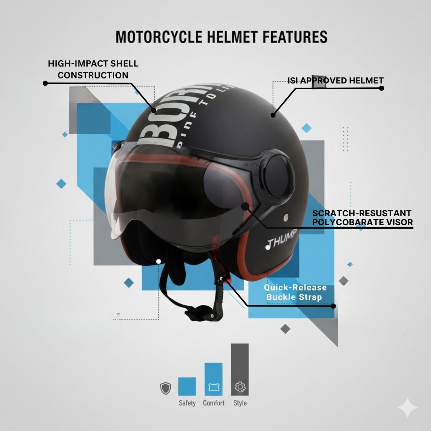 Image of ASCONE Thump BTR Open Face Helmet, Unisex, ISI Approved, Clear PC Visor, Medium, 58cm Motorbike Helmet