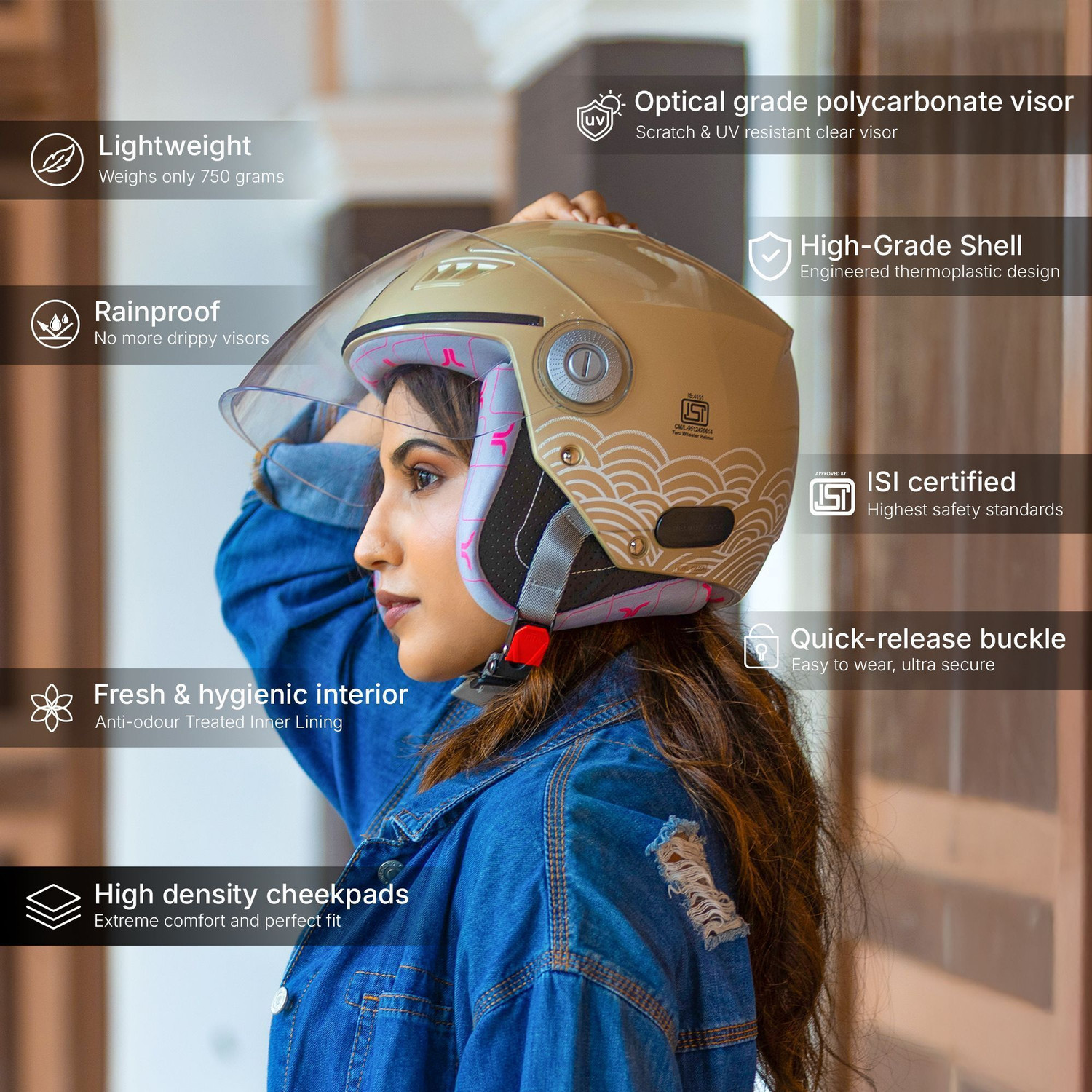Image of TVARRA Lilt Open Face Sandy Beige Women's Helmet, Medium, Printed Design, ISI certified Motorbike Helmet