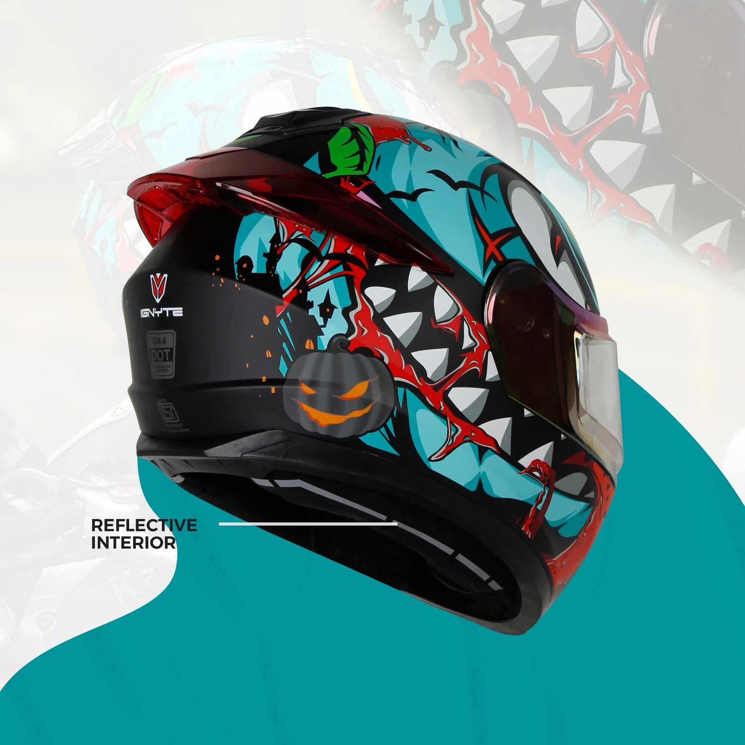 Image of IGNYTE IGN-8 Pumpkin ISI /DOT Certified Full Face Graphic Helmet with Inner Sun Shield Motorbike Helmet