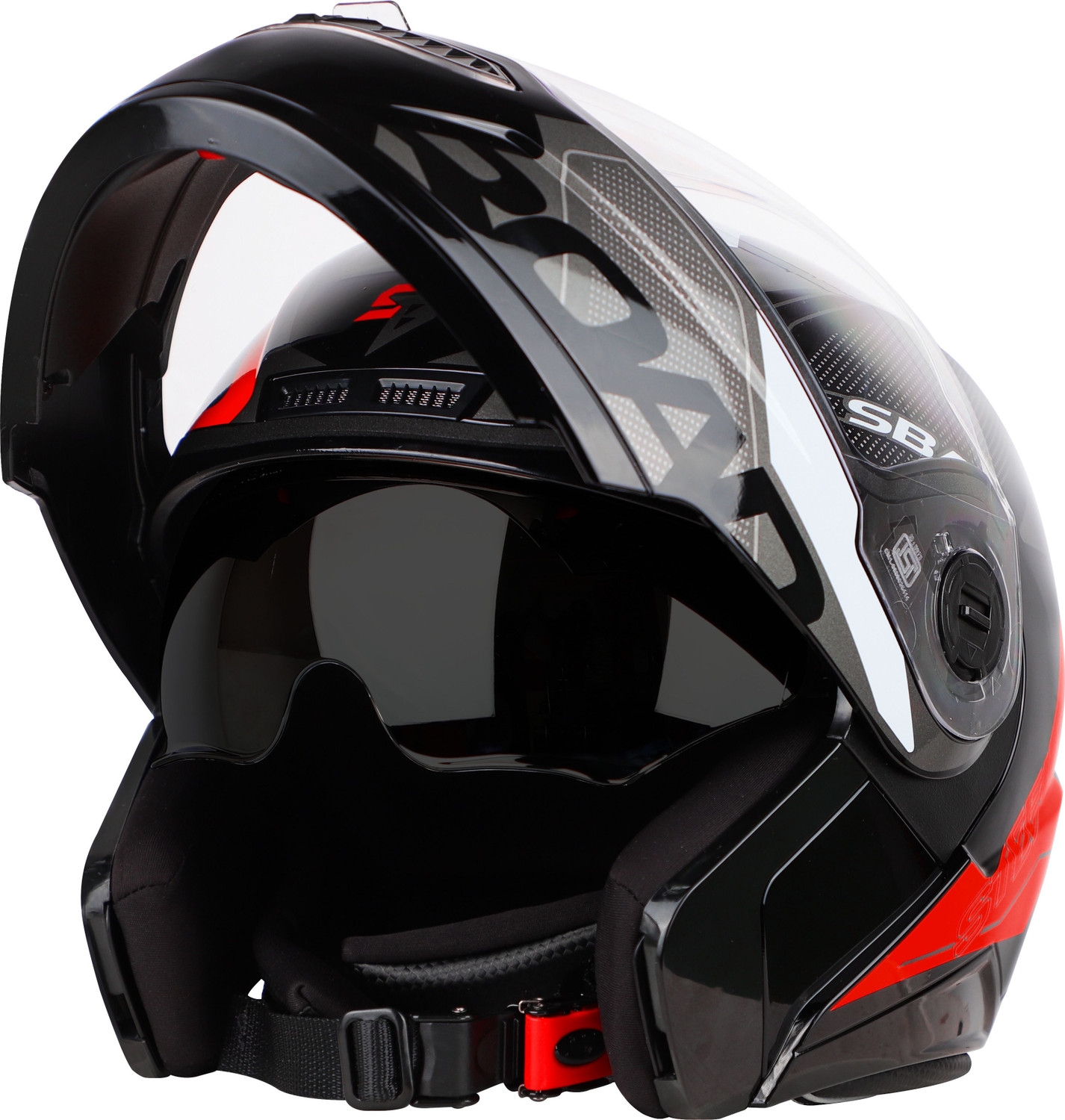 Image of Steelbird Air SBA-7 ISS ROAD GLOSSY BLACK RED XL SIZE 620MM FLIP UP Motorbike Helmet