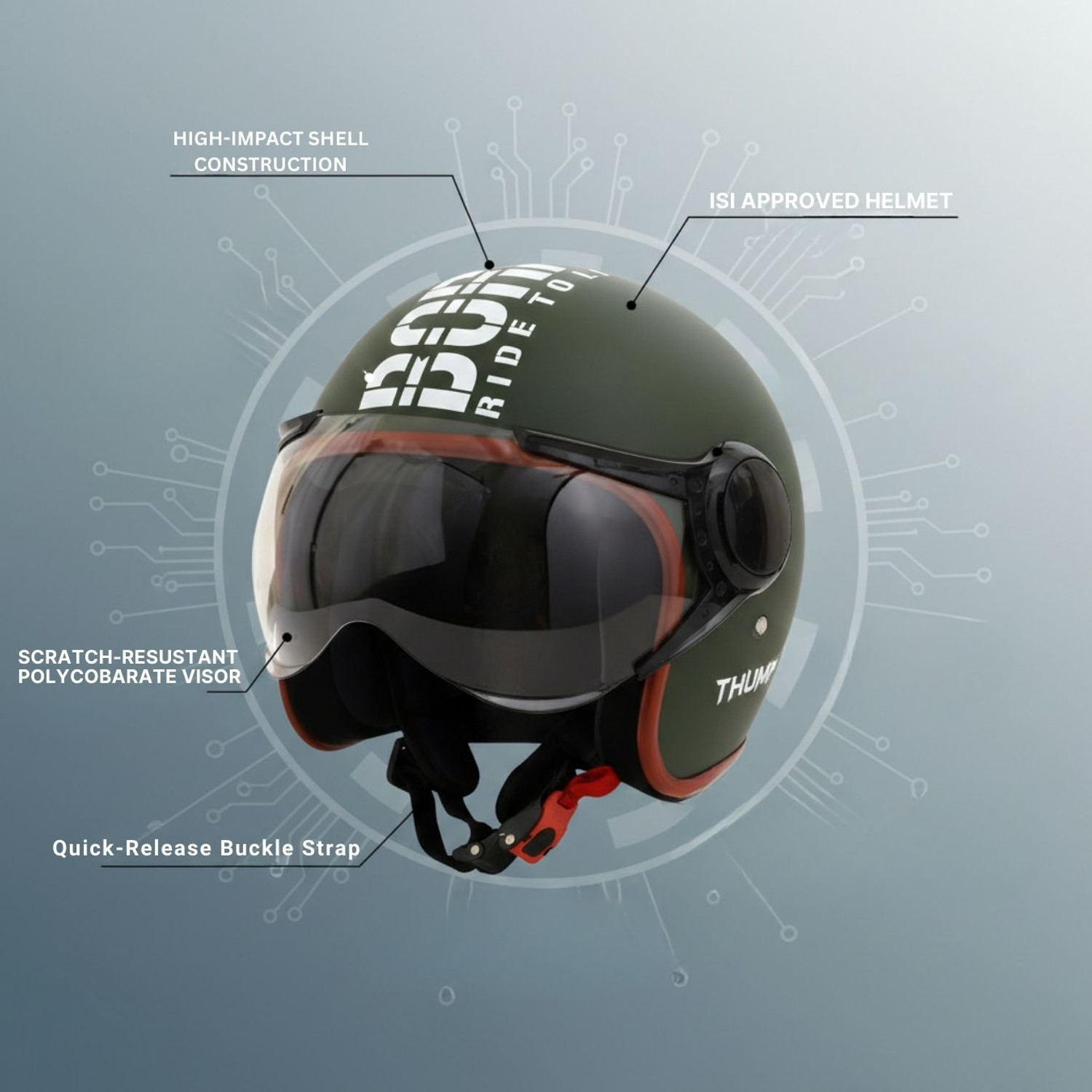 Image of ASCONE Thump BTR Open Face Helmet, Unisex, ISI Approved, Clear PC Visor, Medium, 58cm Motorbike Helmet
