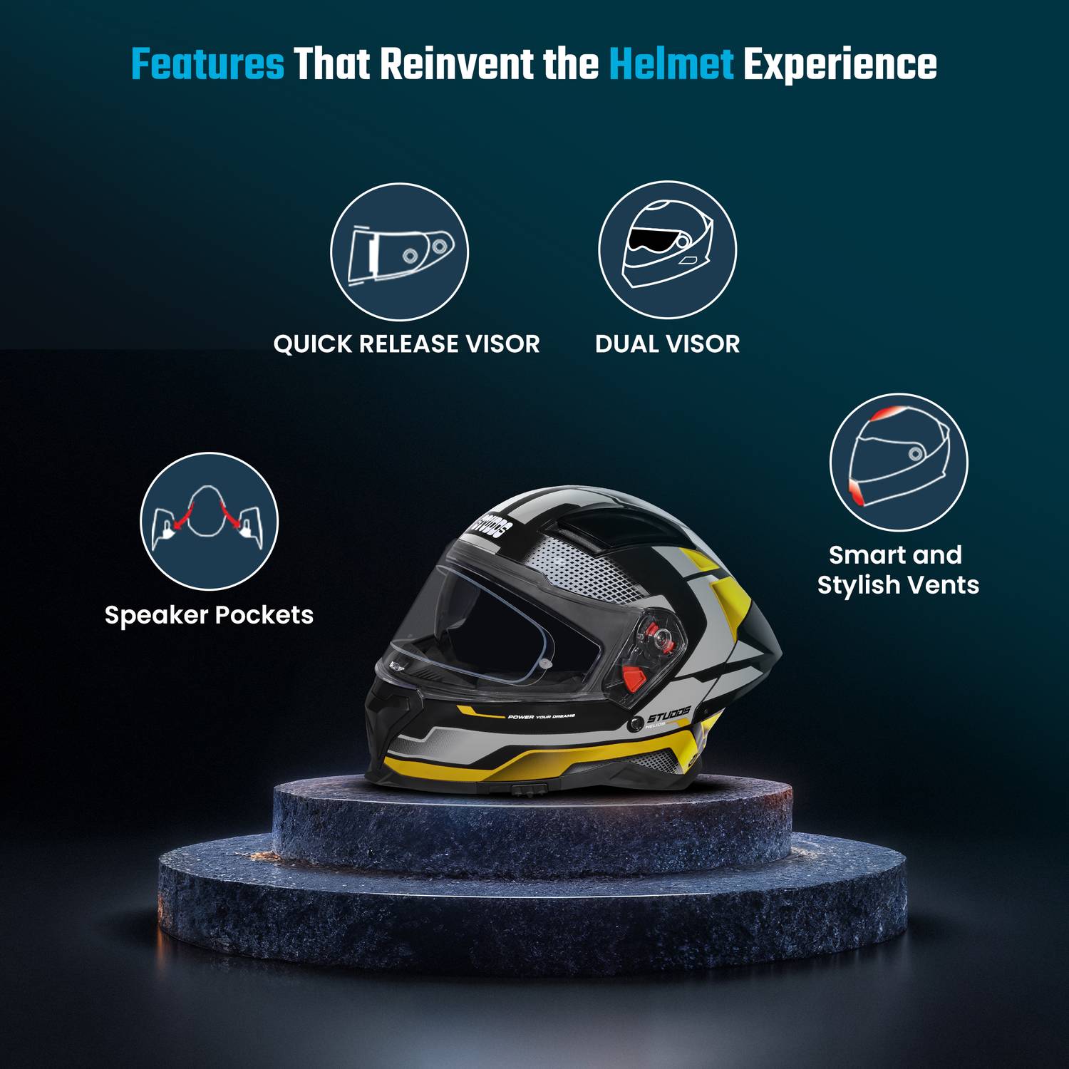 STUDDS Helios Asphalt Full Face Motorbike Helmet - Image 4