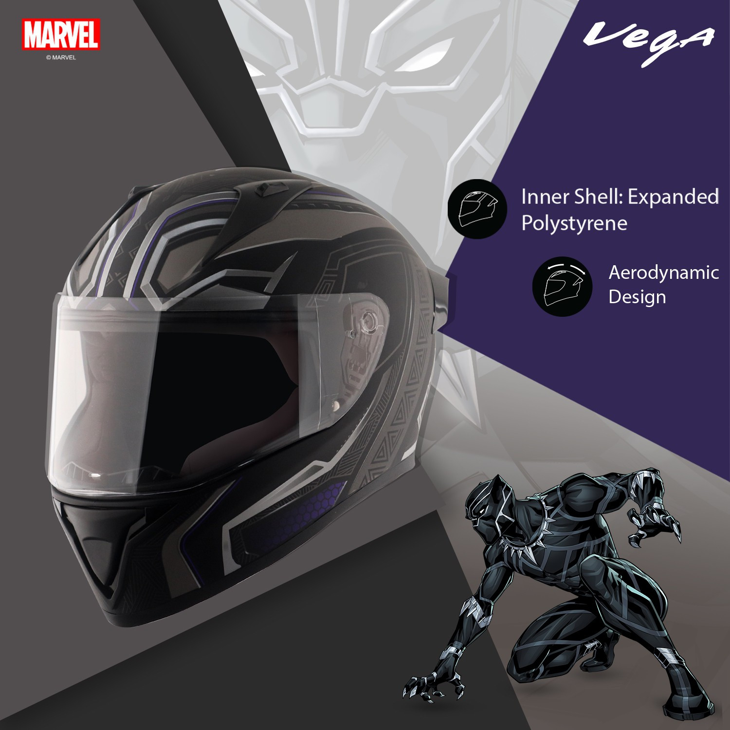 Image of VEGA Bolt Marvel Black Panther Edition Motorbike Helmet