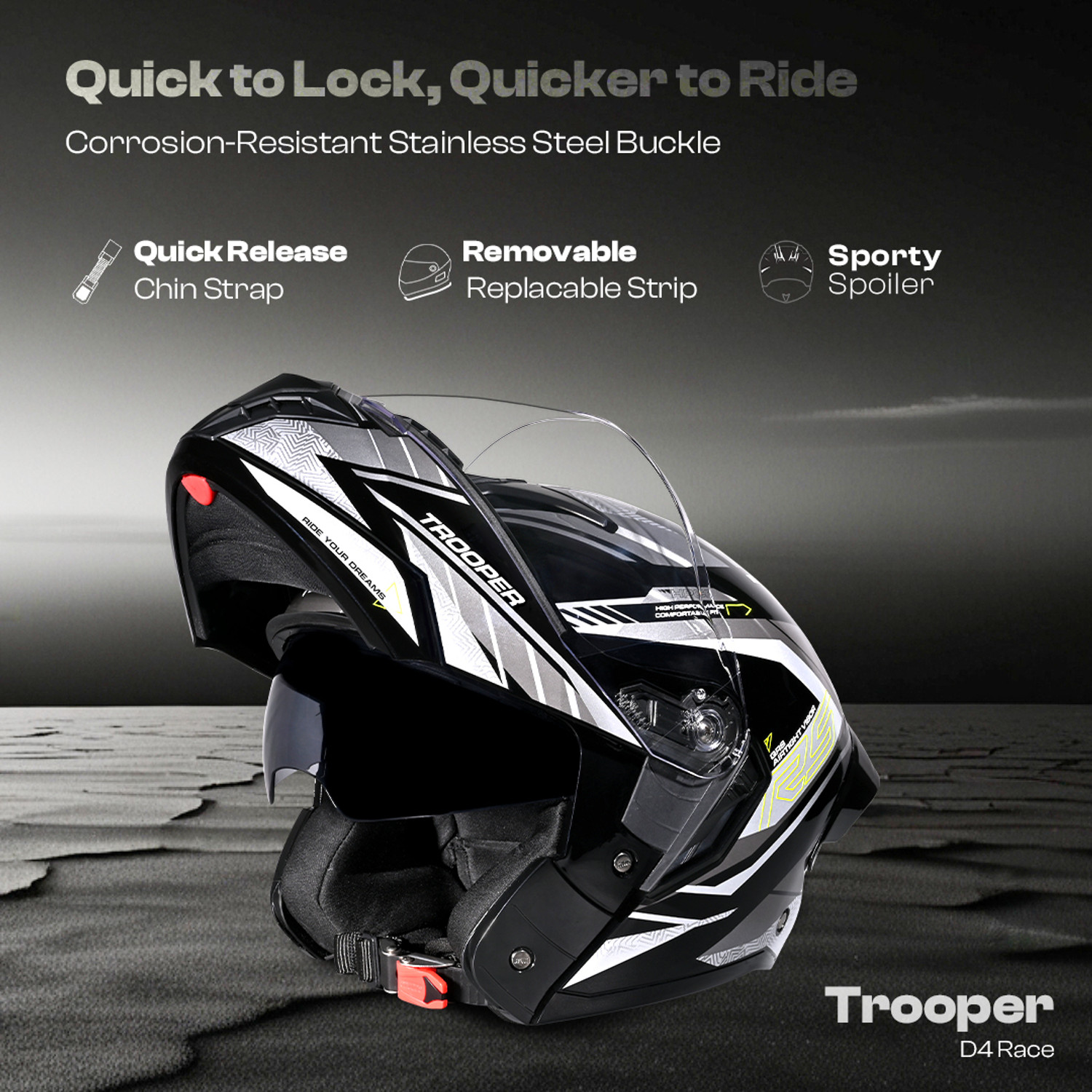 Image of STUDDS Trooper D4 Race ISI and DOT Certified Flip-Up Helmet with Spoiler Motorbike Helmet