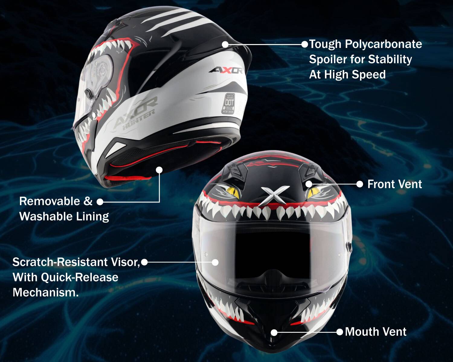 Axor Hunter Shark Motorbike Helmet Black - Image 3