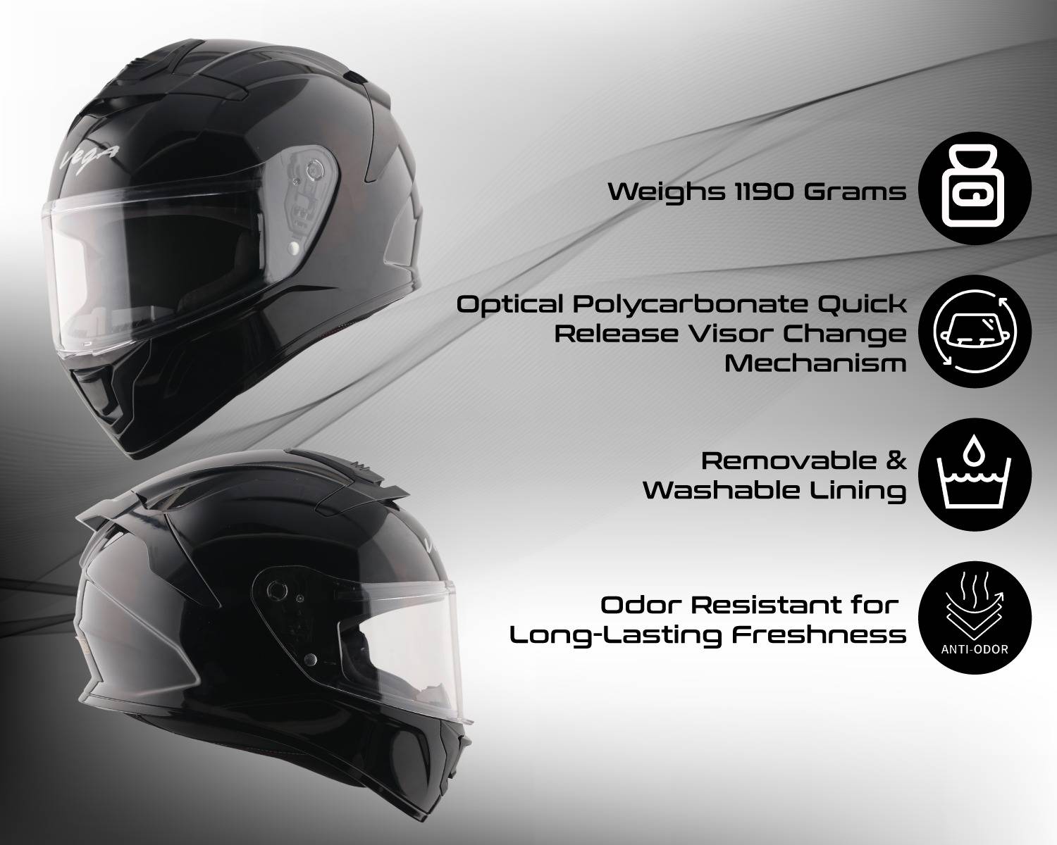 VEGA VF-10 Turbo Solid Motorbike Helmet Black - Image 3