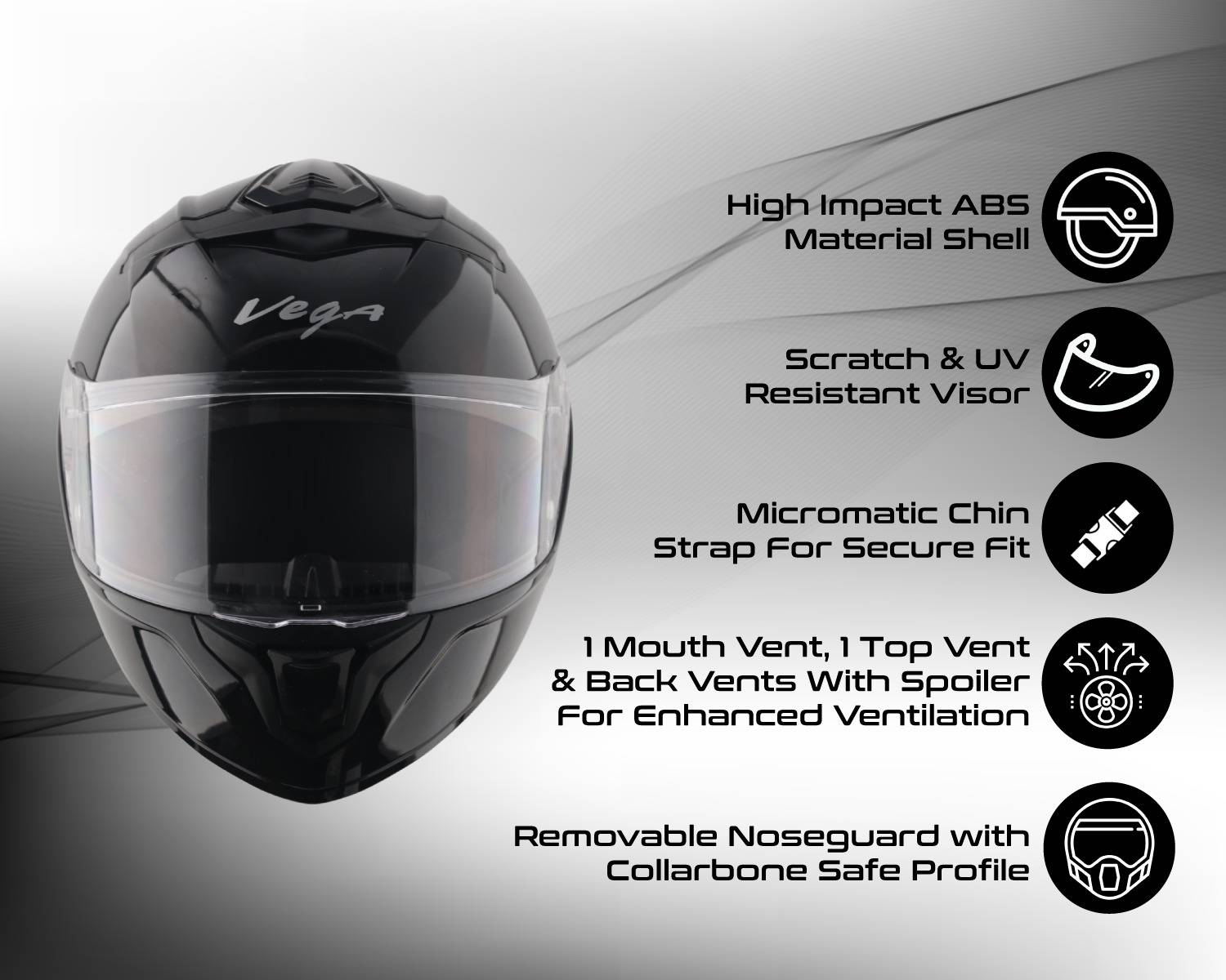 VEGA VF-10 Turbo Solid Motorbike Helmet Black - Image 4