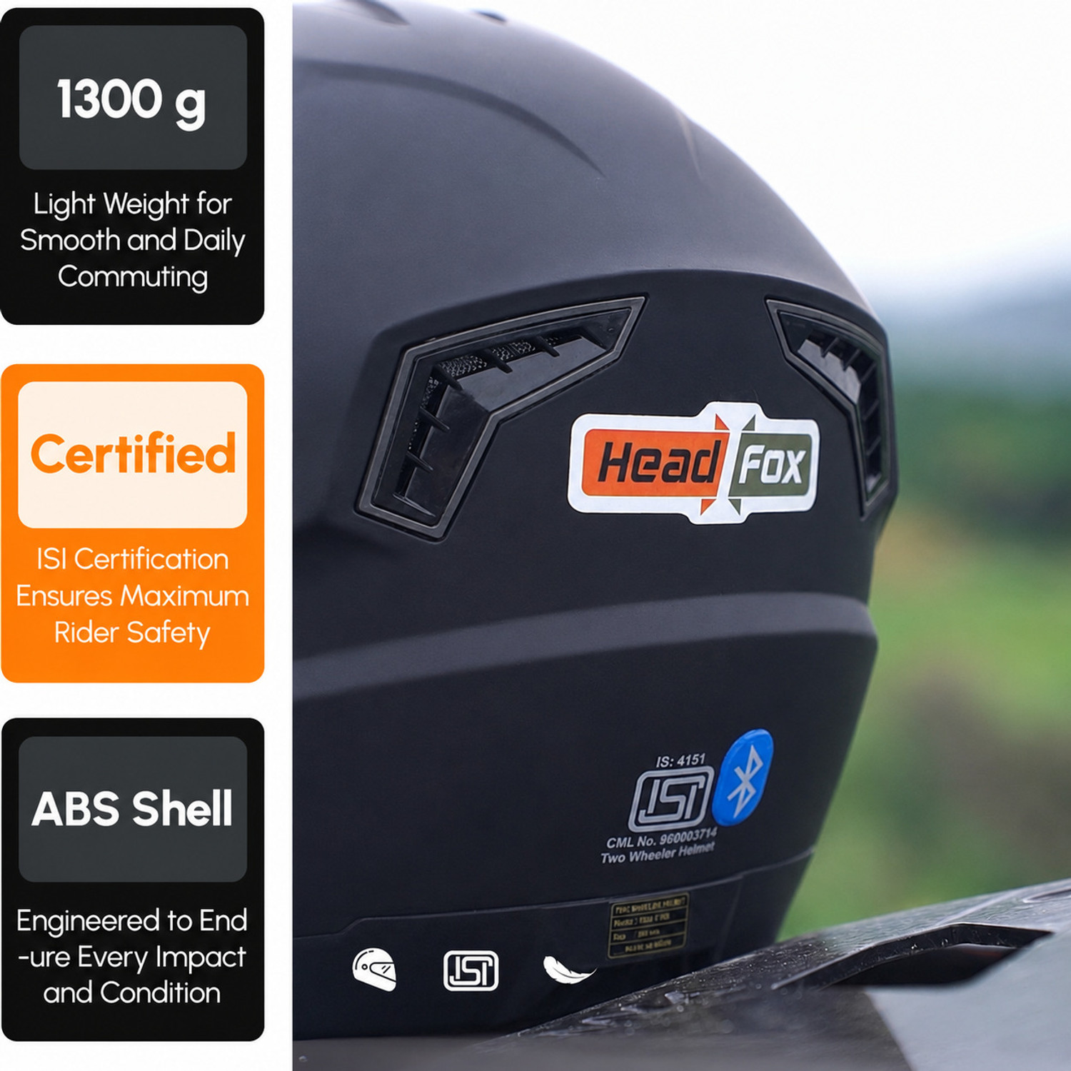 Image of HEADFOX N2 Air 7 Smart Bluetooth GPS | Waterproof | Calls | Music | Voice Asst. Motorbike Helmet (Black, Black)