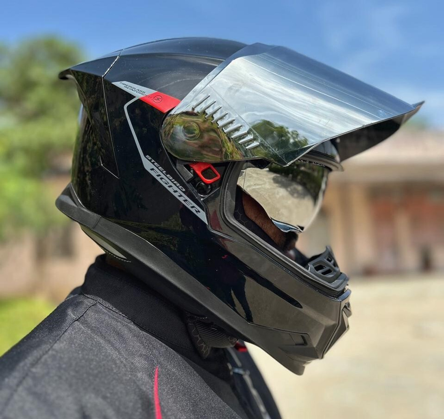 Image of Steelbird Air SB-120 ISS Fighter ECE 22.06 Certified Glossy Black Grey Full Face With ANTIFOG Motorsports Helmet
