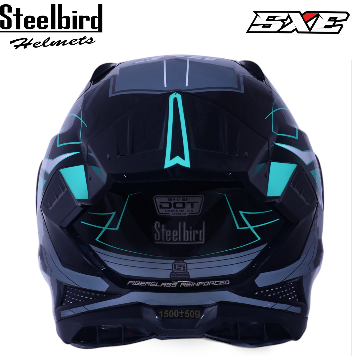 Image of Steelbird Air SBH-61 ISS SXE RACE-X Glossy Black Cyan Green Full Face AFS EDITION With ANTIFOG Motorsports Helmet