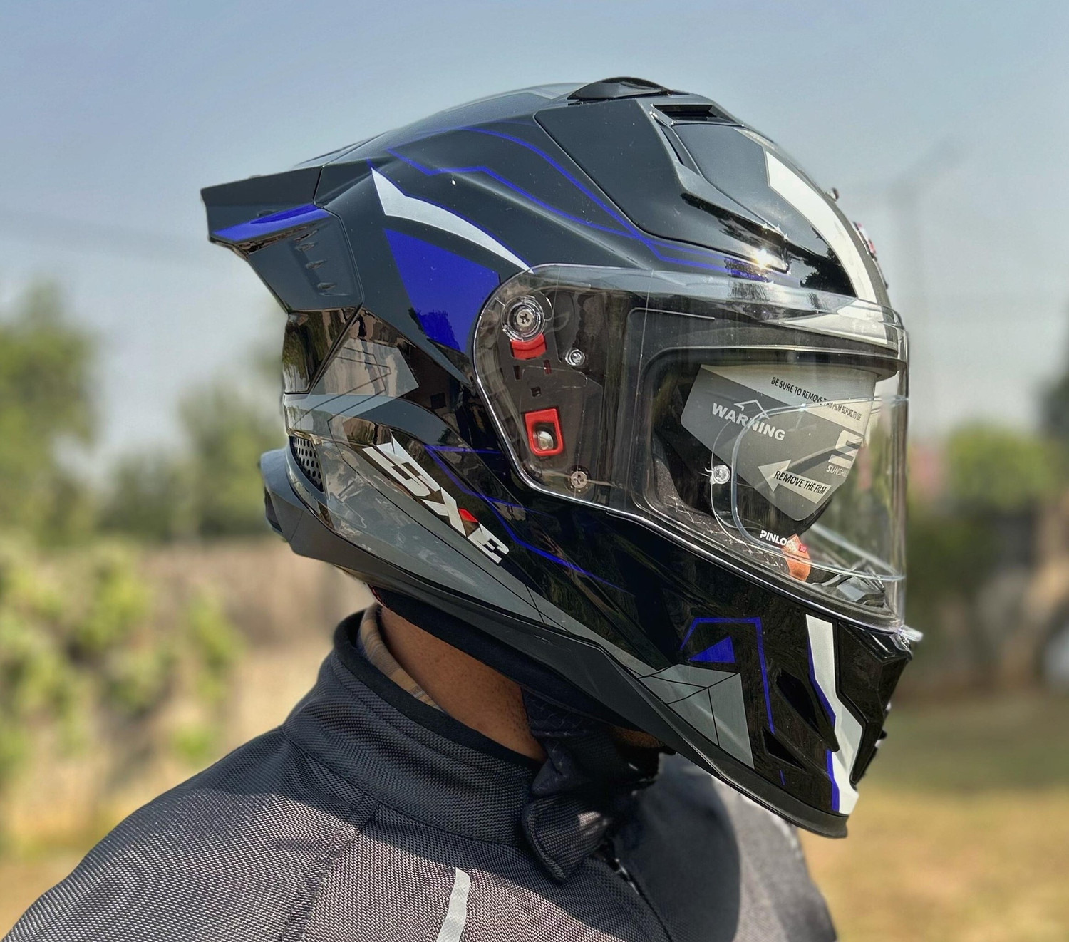 Image of Steelbird Air SBH-61 ISS SXE RACE-X Glossy Black Blue Full Face AFS EDITION With ANTIFOG 580MM Motorsports Helmet
