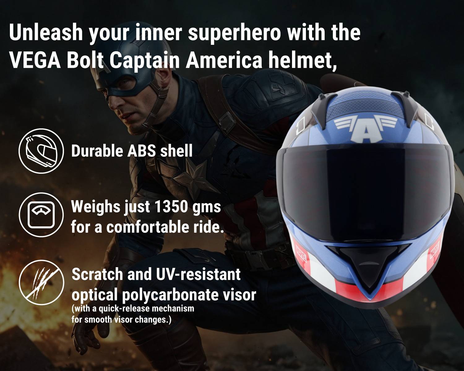 VEGA Bolt Marvel Captain America Motorbike Helmet Blue - Image 2