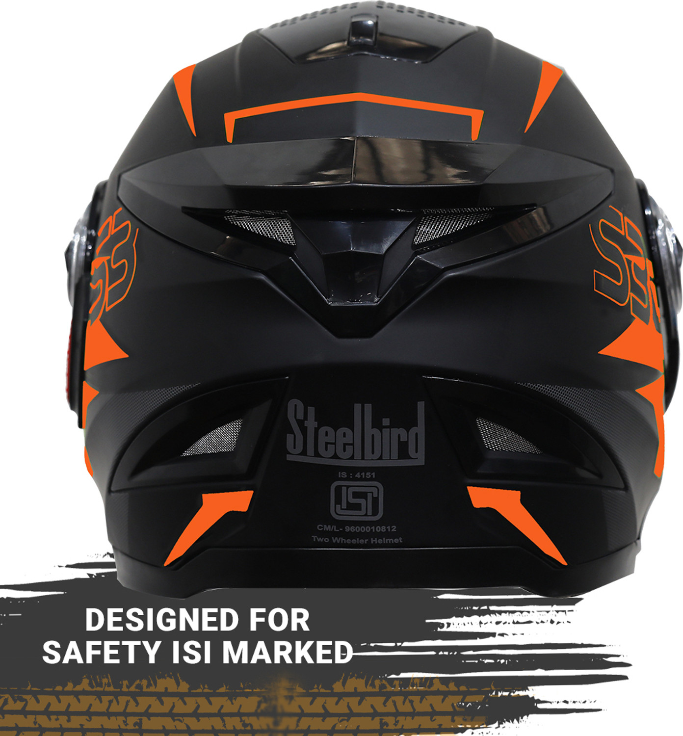 Image of Steelbird SBH-17 Terminator Full Face Graphic Helmet in Glossy Black Fluo Dark Orange Motorbike Helmet