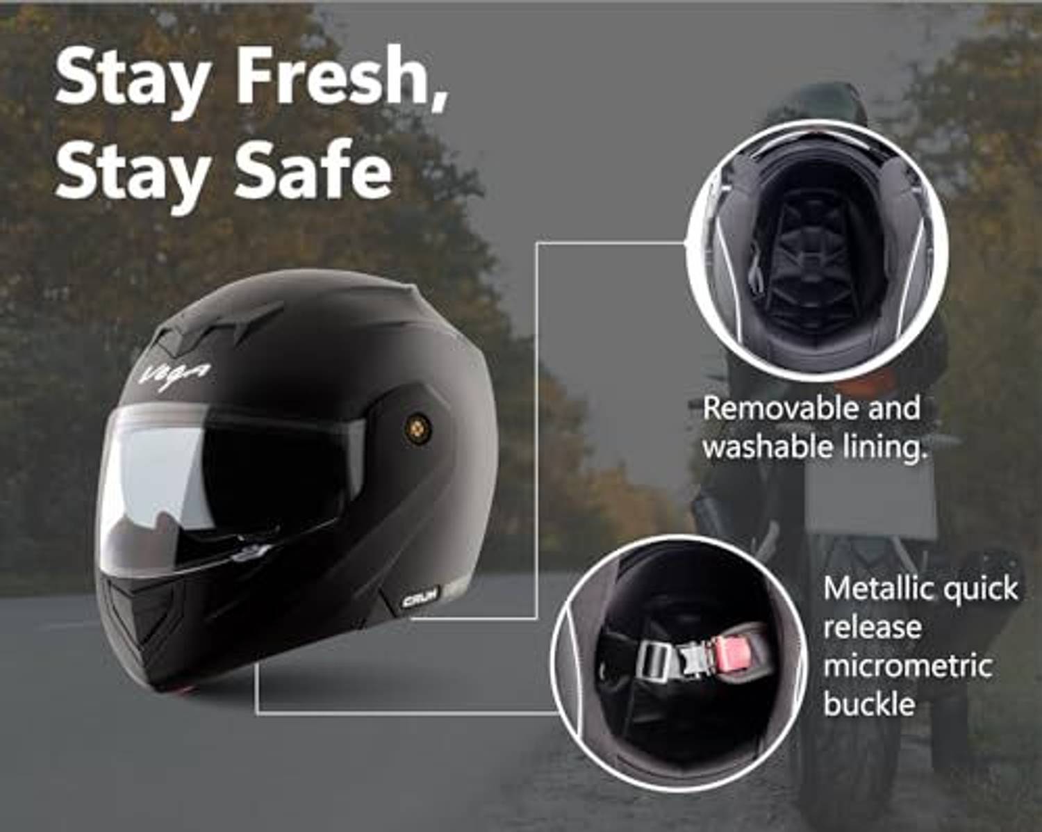 VEGA Crux Dual Visor Motorbike Helmet Black - Image 5
