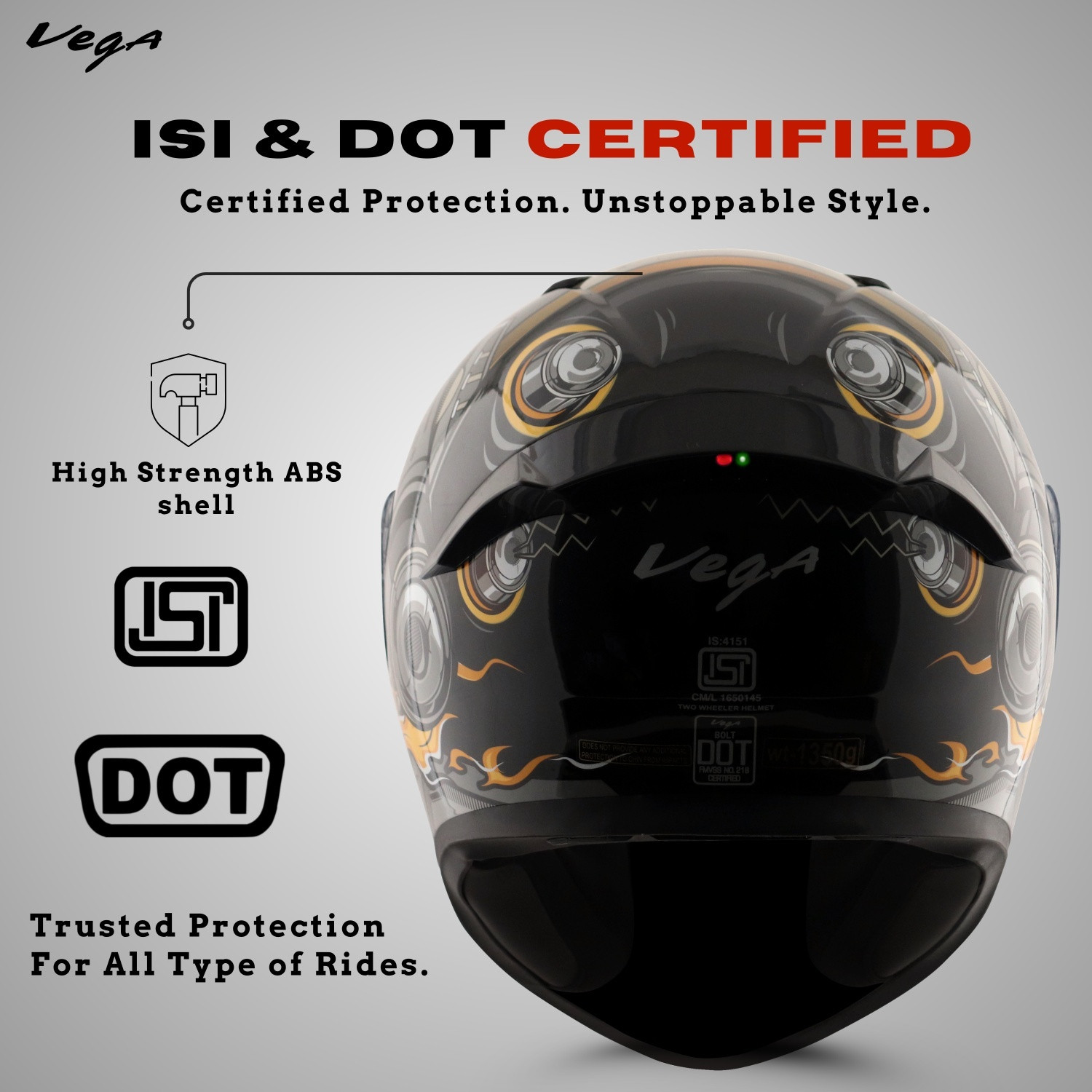 Image of VEGA Bolt Bluetooth Motorbike Helmet (Black Grey)