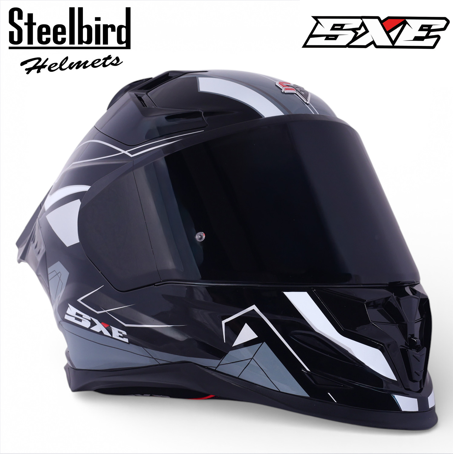 Image of Steelbird Air SBH-61 ISS SXE RACE-X TPE EDITION Glossy Black Silver Full Face Motorsports Helmet