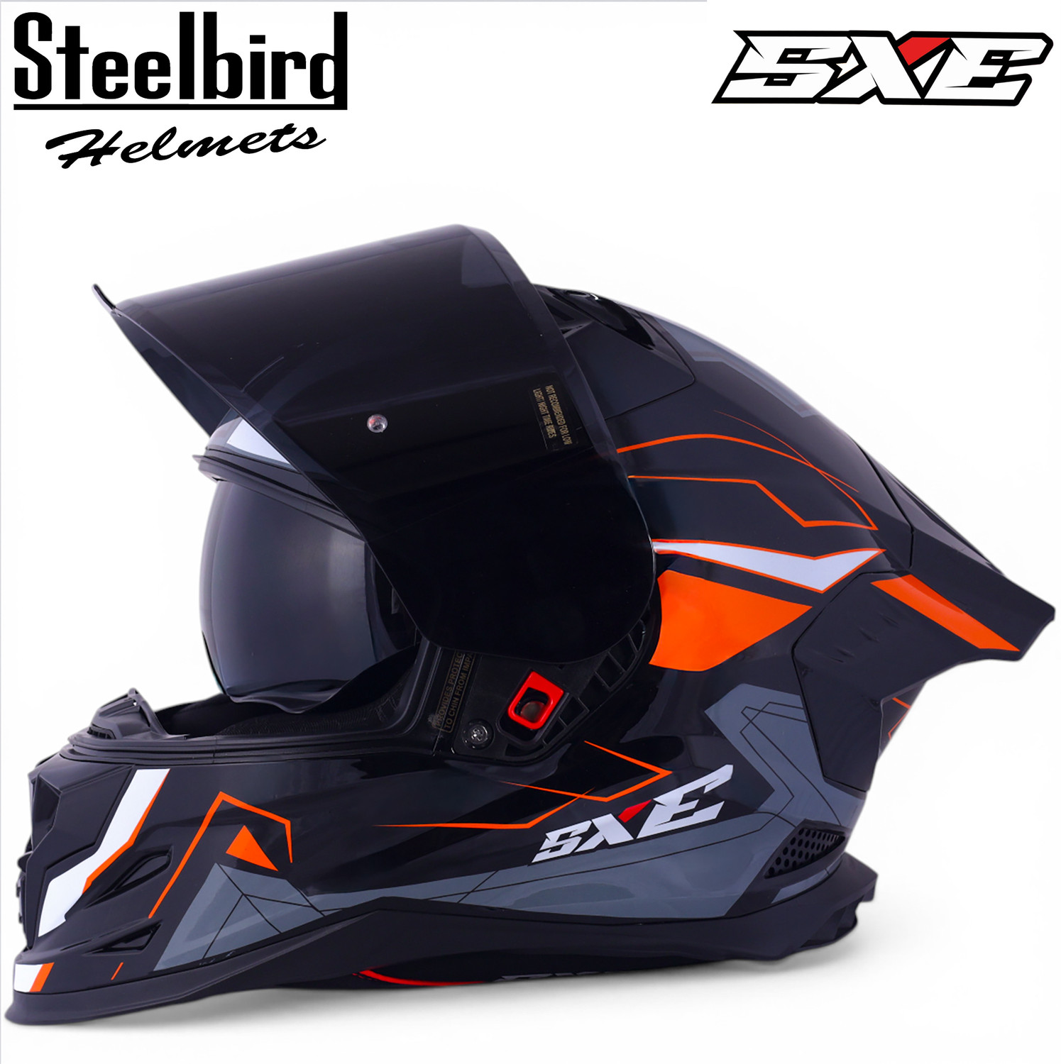 Image of Steelbird Air SBH-61 ISS SXE RACE-X TPE EDITION Glossy Black Orange Full Face Motorsports Helmet