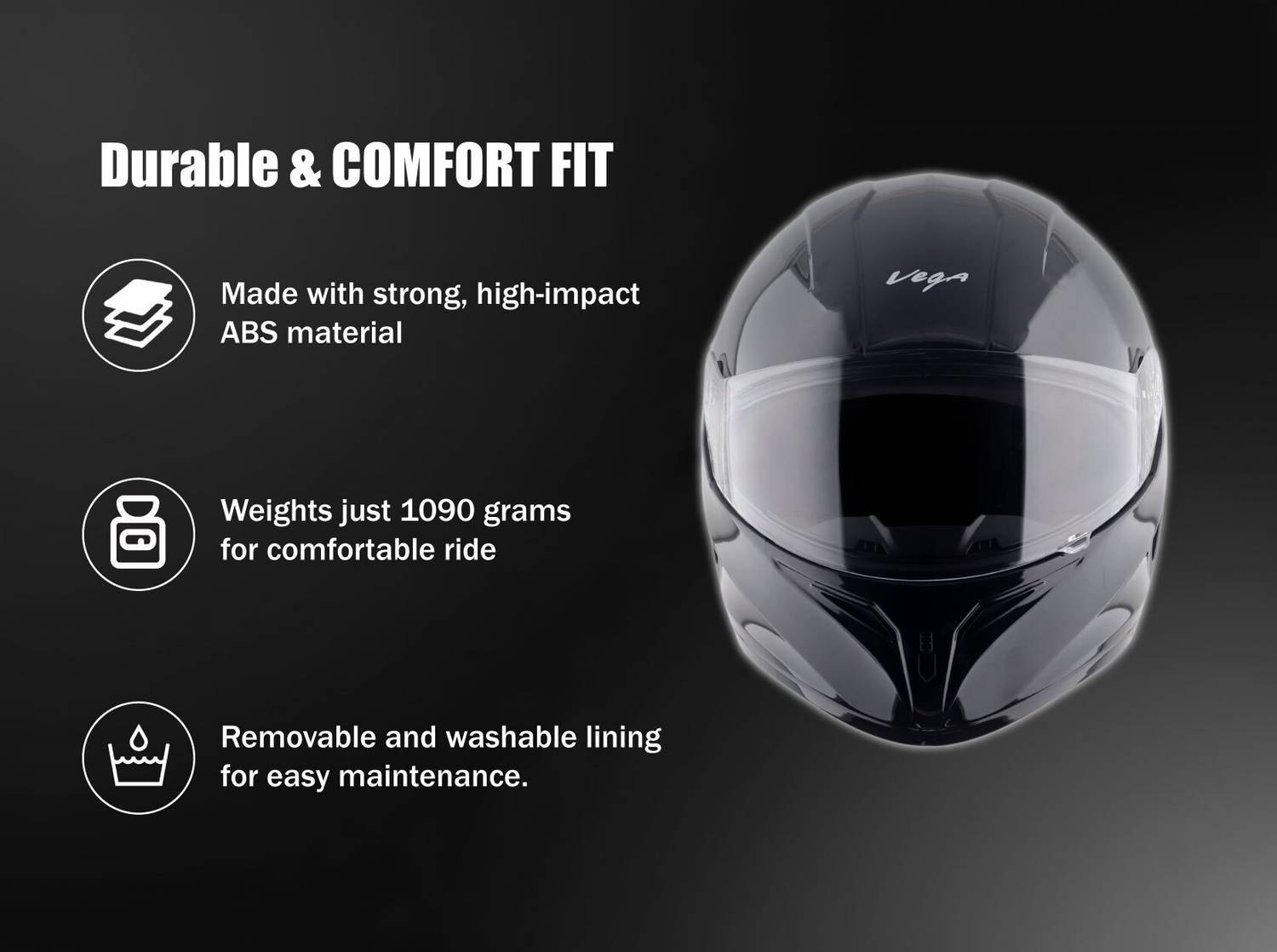 VEGA Voyager Solid Motorbike Helmet Black - Image 3