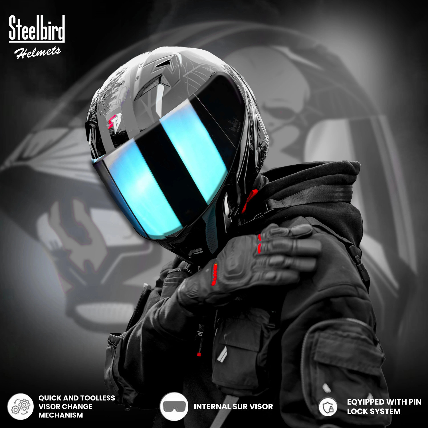 Image of Steelbird SBA-20 Strange ISI Certified Flip-Up Graphic Helmet for Men and Women Motorbike Helmet