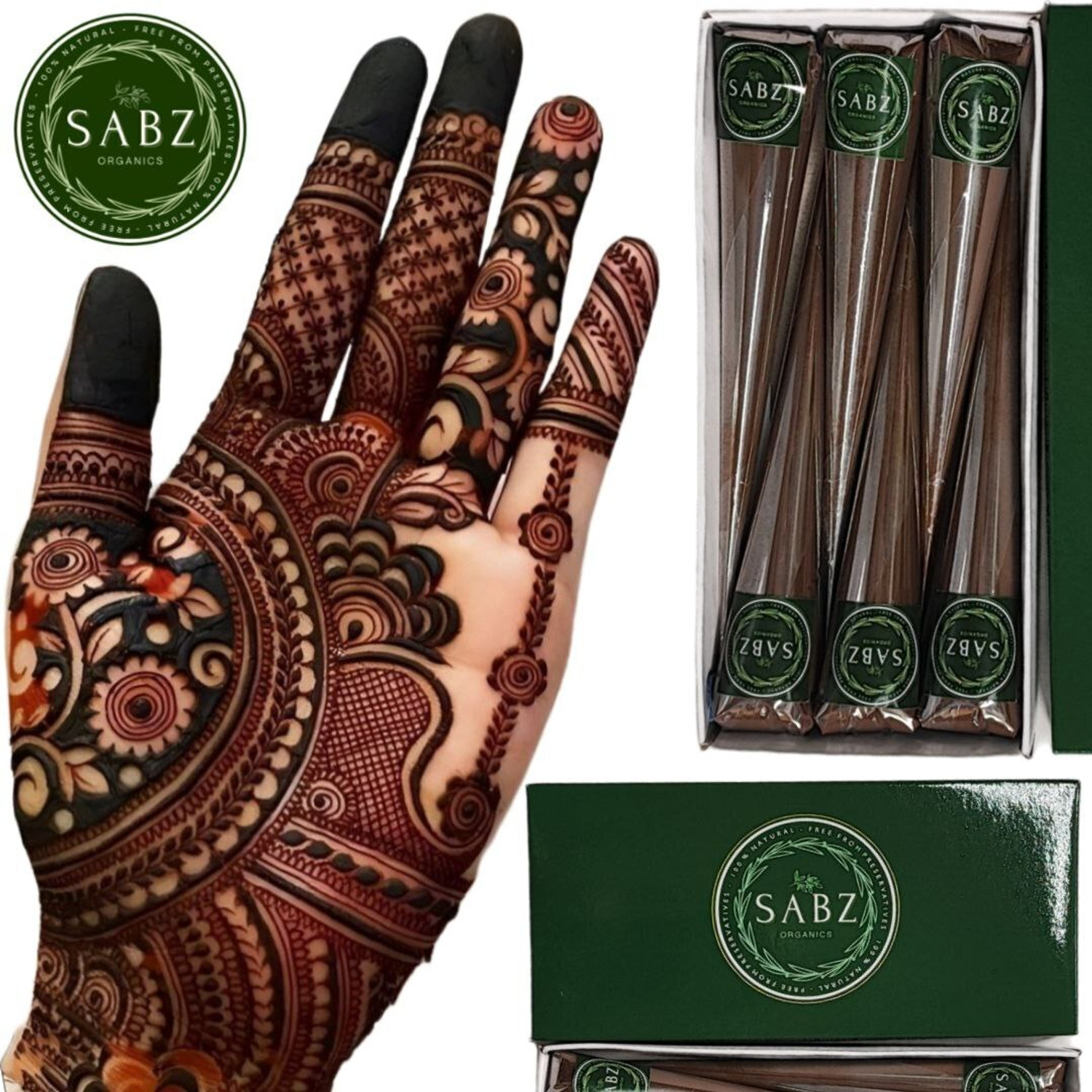 Image of SABZ ORGANICS Natural & Pure Mehendi Cones For Dark Long-Lasting Stain 1 Box Contains 6 Cones
