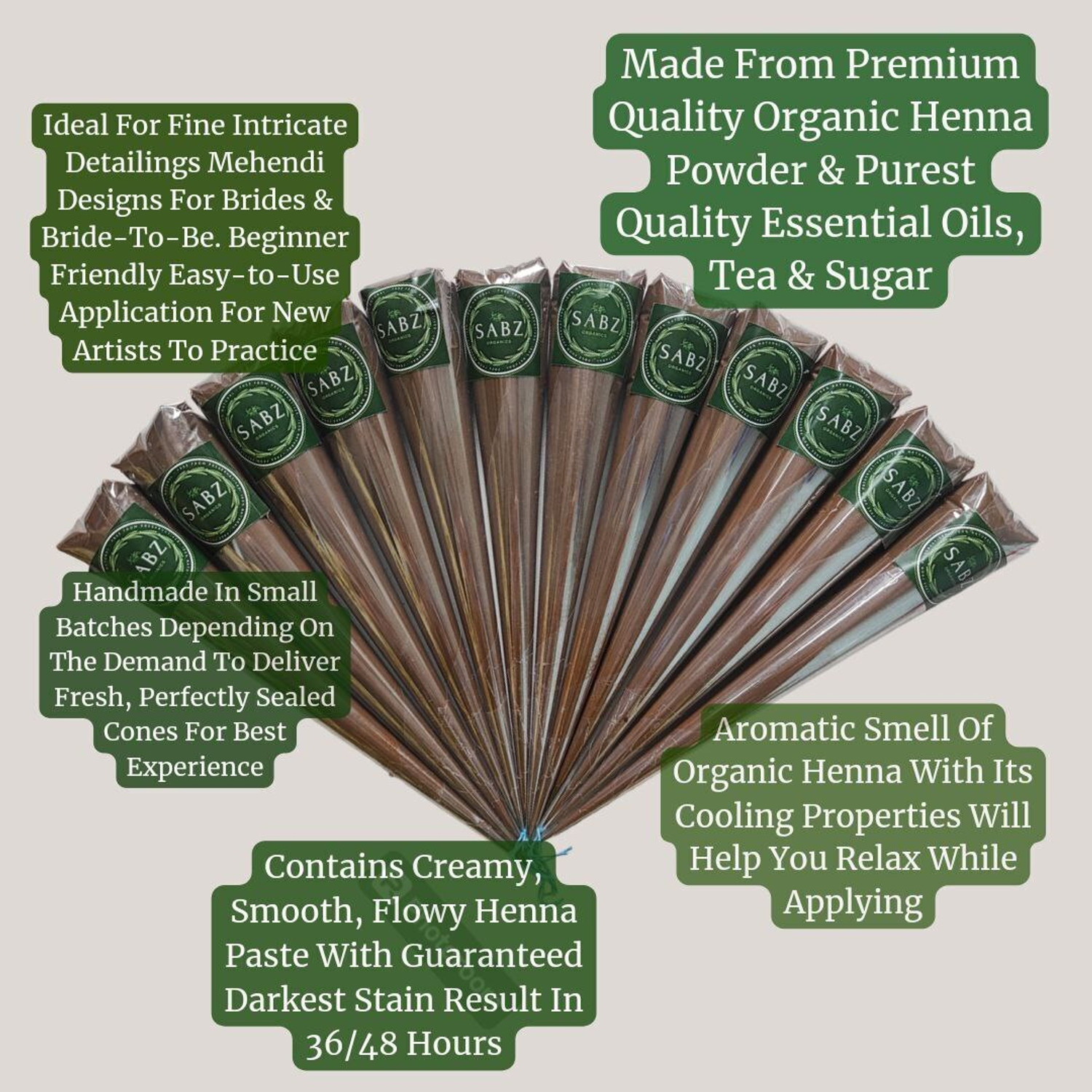 Image of SABZ ORGANICS Natural & Pure Mehendi Cones For Dark Long-Lasting Stain 1 Box Contains 6 Cones