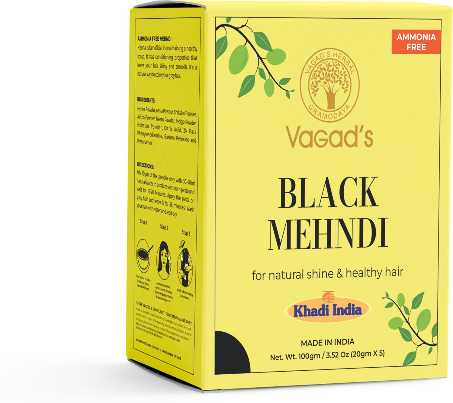 Image of Vagad's Herbal Black Mehendi Powder, Ammonia-Free Henna Hair Dye for Men and Women